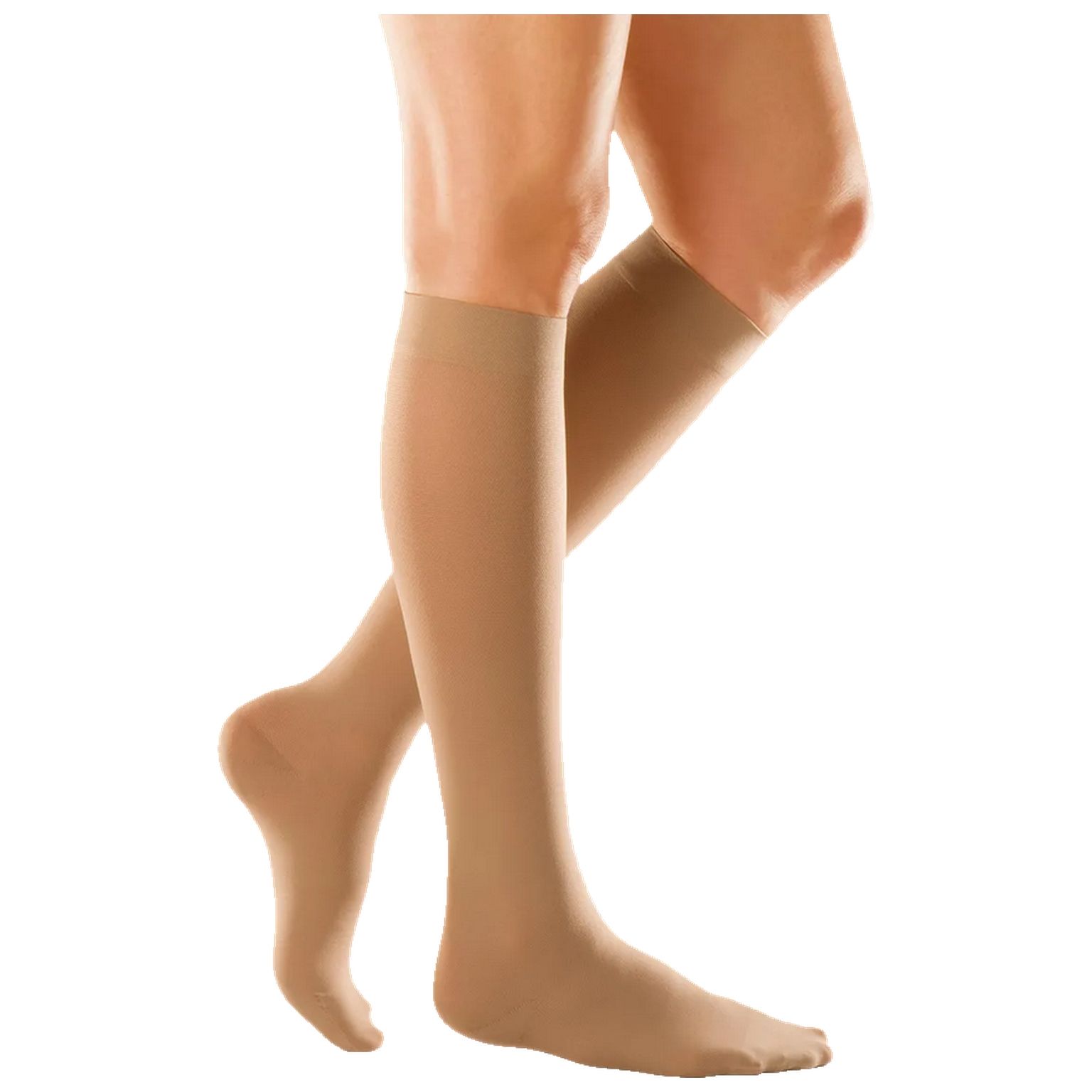 Beige Kompressionsstrümpfe am Bein. Kniestrümpfe, glatt, ohne Muster. Seitliche Ansicht.