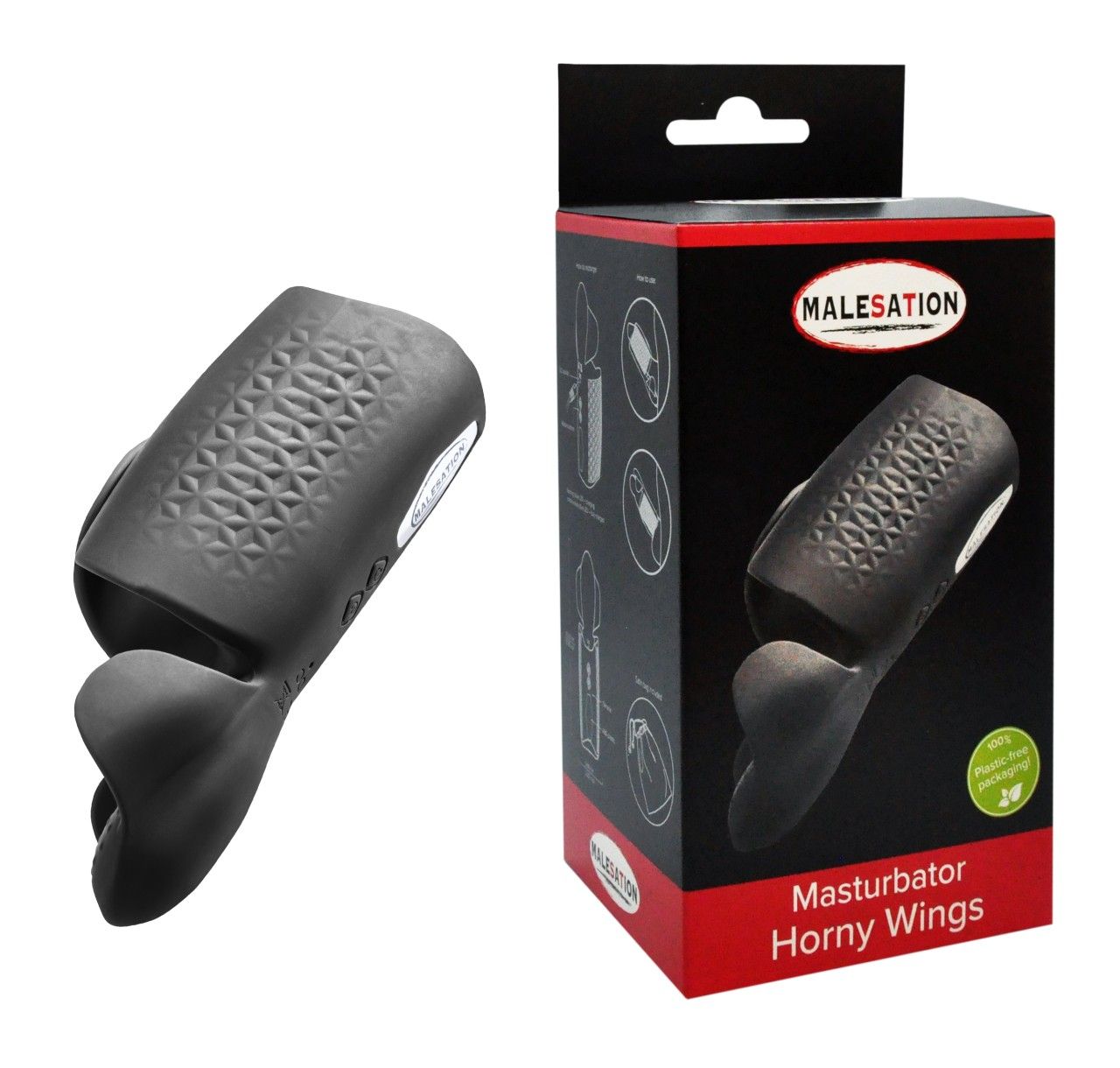 Schwarzer Masturbator 'Horny Wings' neben Verpackung. Verpackung mit Logo und Produktname. Produkt mit Flügelform.