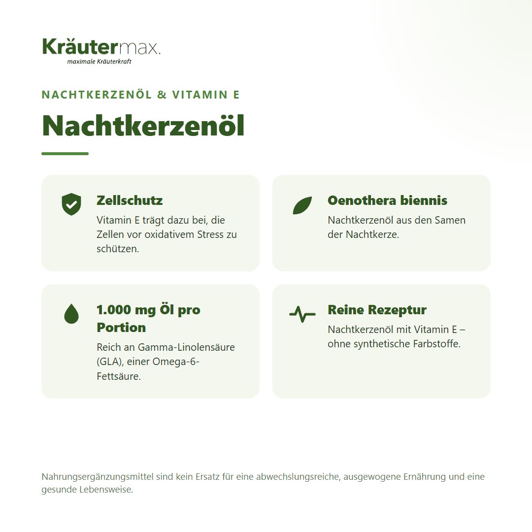 Kräutermax Nachtkerzenöl mit Vitamin E. 1000 mg Öl pro Portion. Zellschutz und reine Rezeptur.