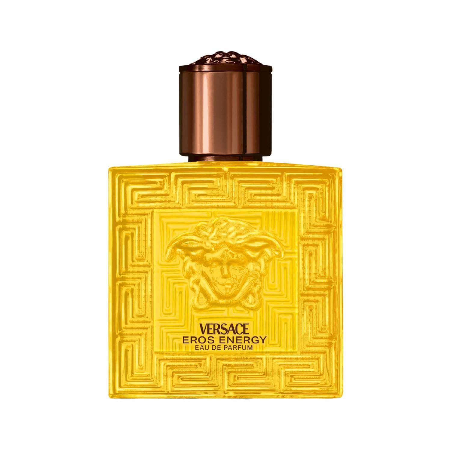 Gelber Flakon Versace Eros Energy. Brauner Verschluss. Quadratische Form mit Reliefmuster. Versace-Logo sichtbar.