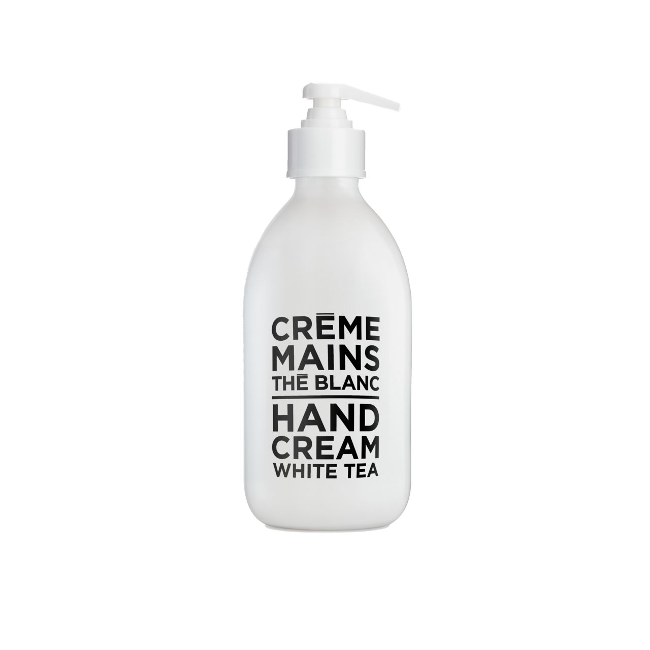 Weiße Handcreme-Flasche mit Pumpverschluss. Schwarzer Text: Crème Mains, The Blanc, Hand Cream, White Tea.