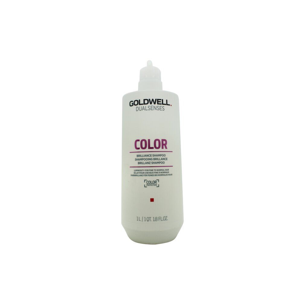 Weißer Goldwell Dualsenses Color Brilliance Shampoo Behälter. Text: COLOR, Brilliance Shampoo. 1L/1Qt 1.8 fl.oz.