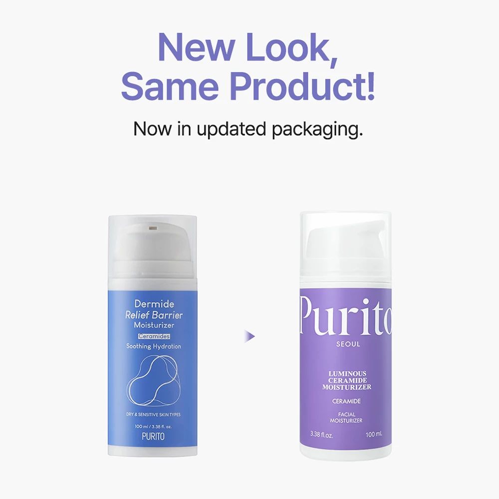 Vergleich von zwei Flaschen. Links: Dermide Relief Barrier Moisturizer. Rechts: Purito Seoul, Luminous Ceramide Moisturizer. Text: New Look, Same Product!