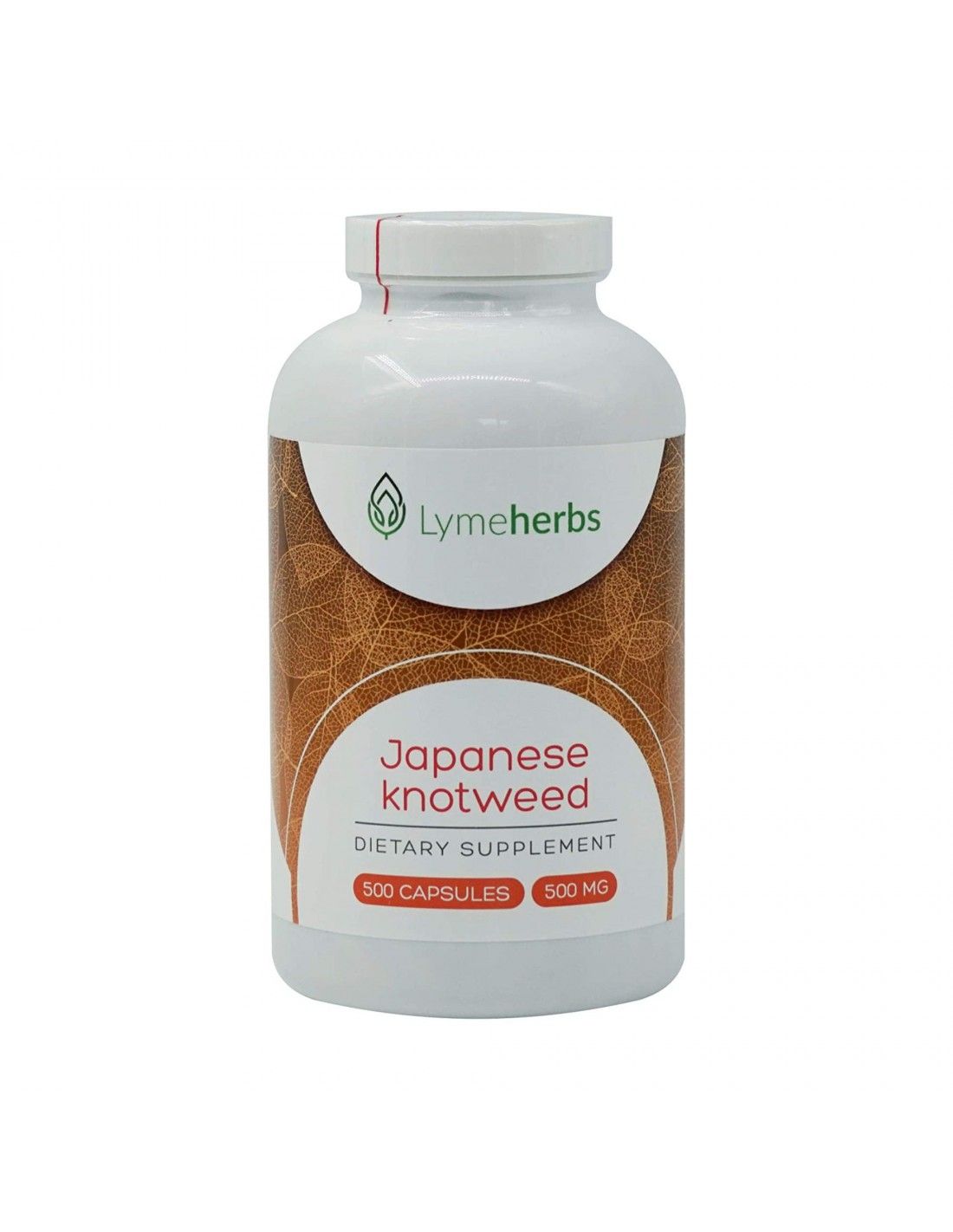 Weißes Flaschenetikett mit "Lymeherbs"-Logo und "Japanese knotweed". 500 Kapseln, 500 mg.