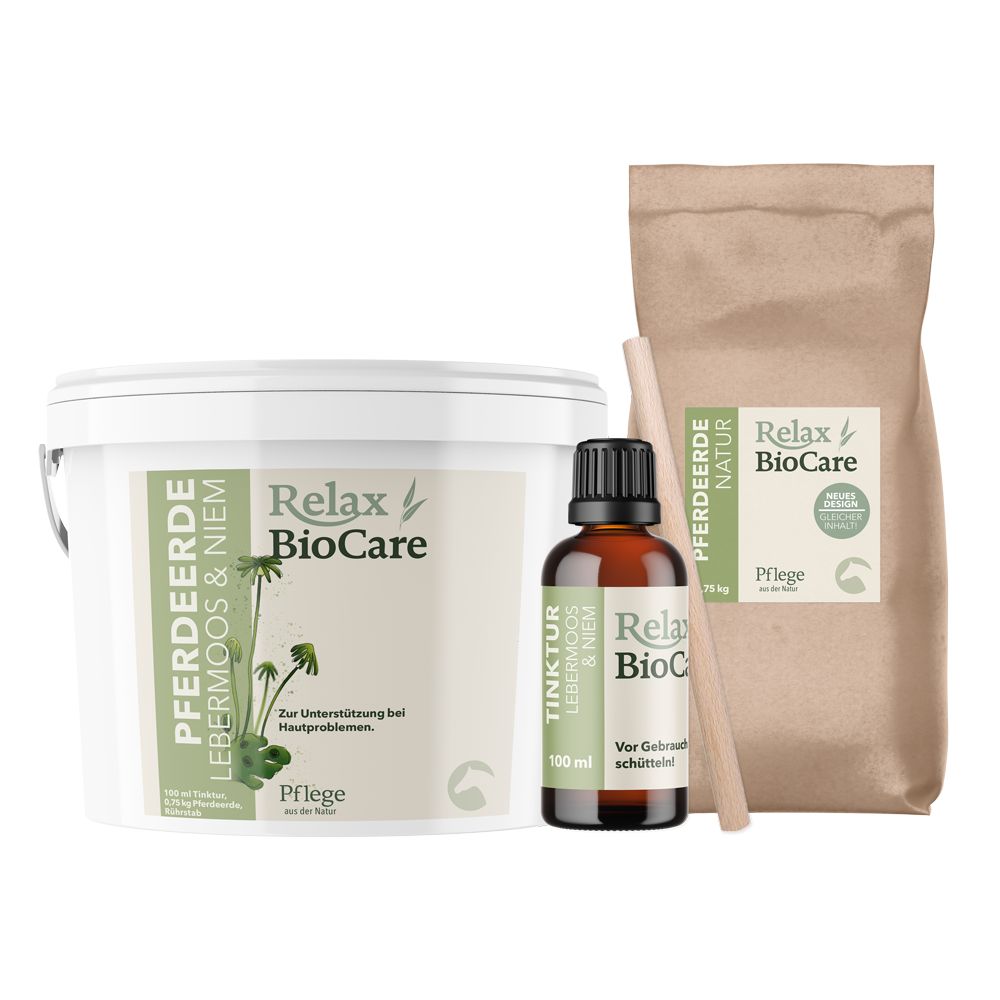 Drei Produkte: Eimer, Flasche und Beutel. Eimer und Flasche mit Etiketten von Relax BioCare. Beutel mit Aufschrift Natur und Relax BioCare.