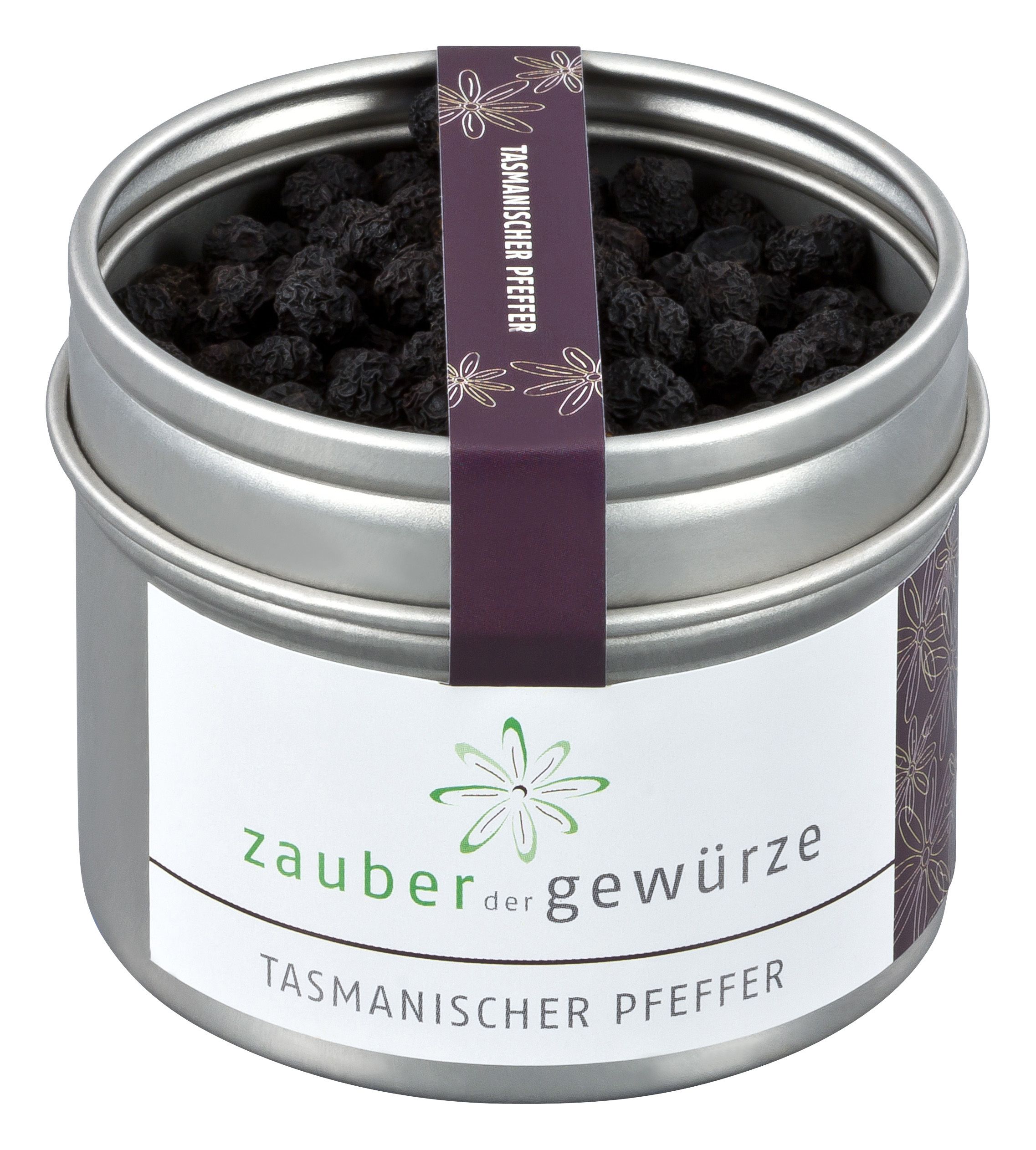 Metallbehälter mit schwarzem Pfeffer. Aufkleber mit "Zauber der Gewürze" und "Tasmanischer Pfeffer".