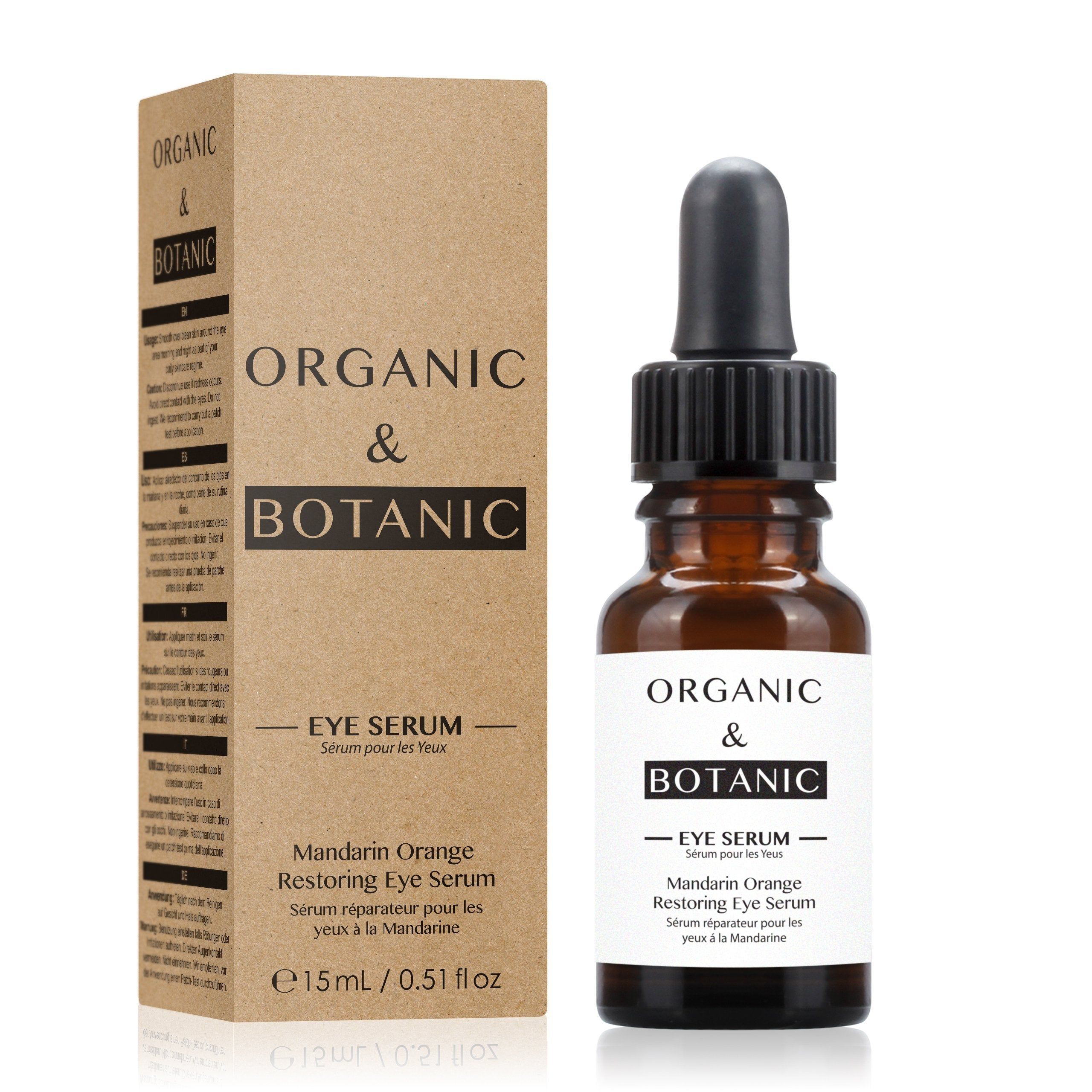 Braune Schachtel und Flasche. Aufschrift: Organic & Botanic Eye Serum. Mandarin Orange Restoring Eye Serum. 15ml/0.51 fl oz.