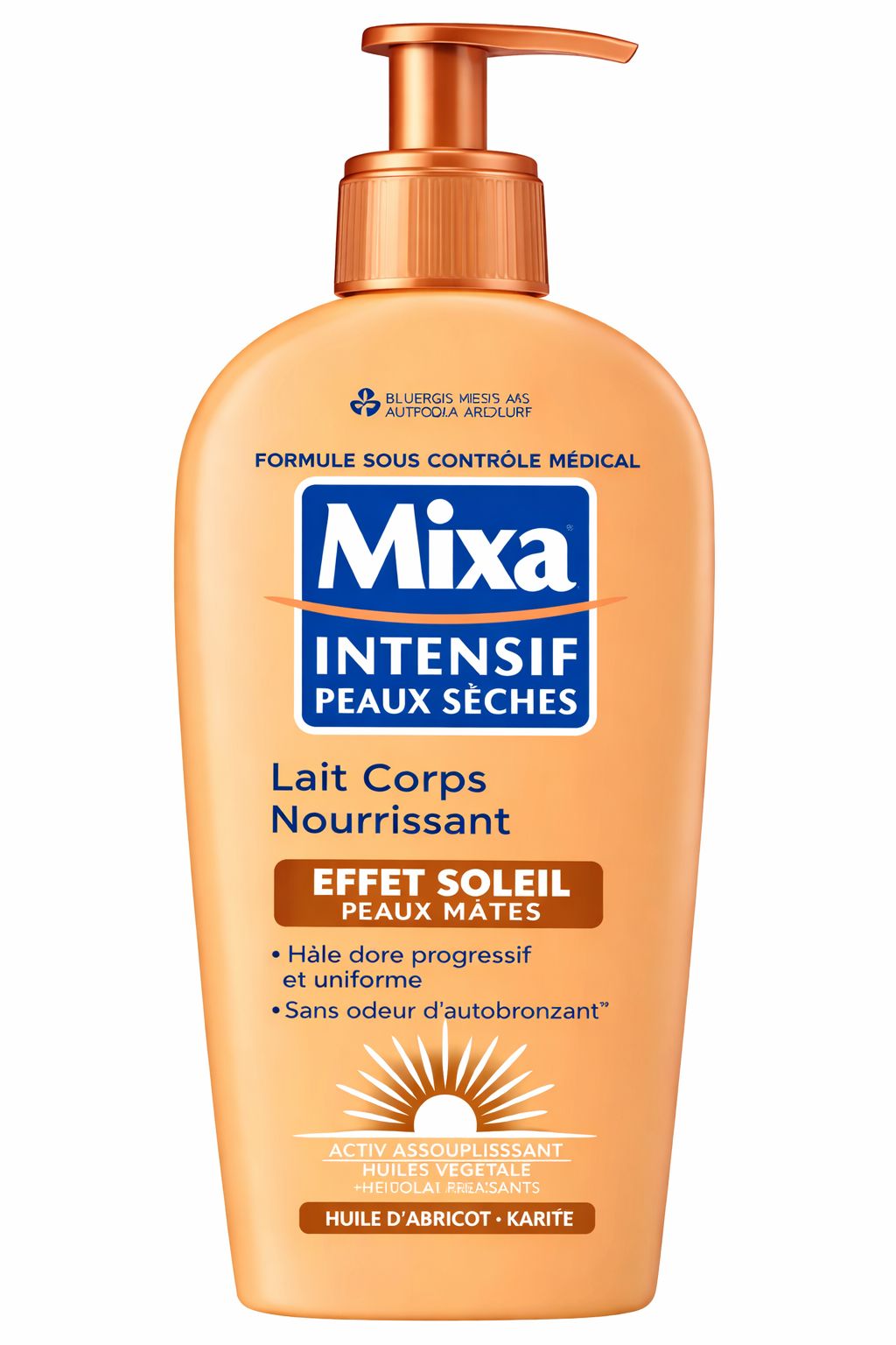 Gelbe Flasche mit Pumpe. Text: MIXA Intensiv, Peaux Seches, Lait Corps Nourrissant, Effet Soleil Peaux Mates. Für trockene Haut.