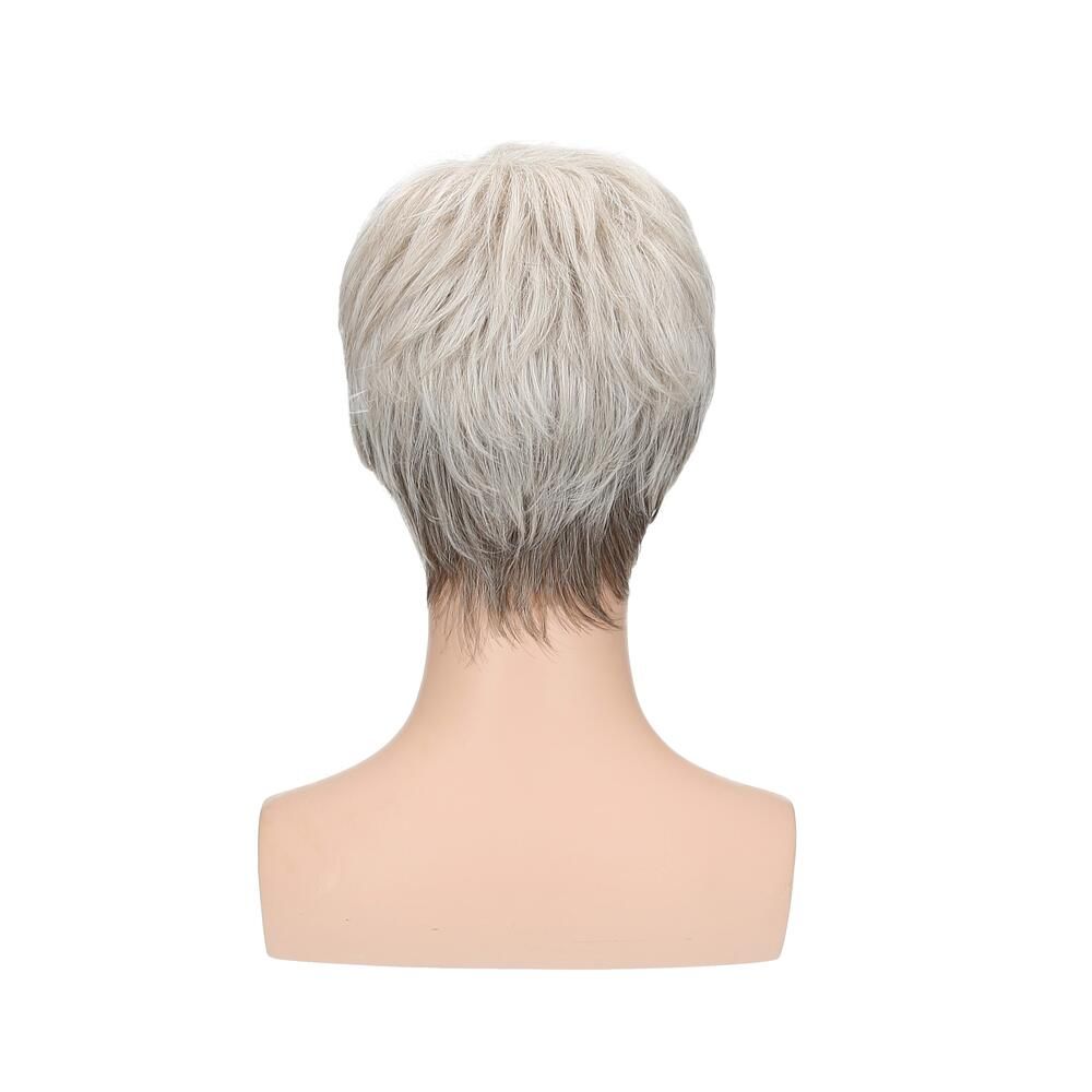 Perücke Margerite von Lofty auf einem Schaufensterkopf. Kurze, graue Haare. Rückansicht.