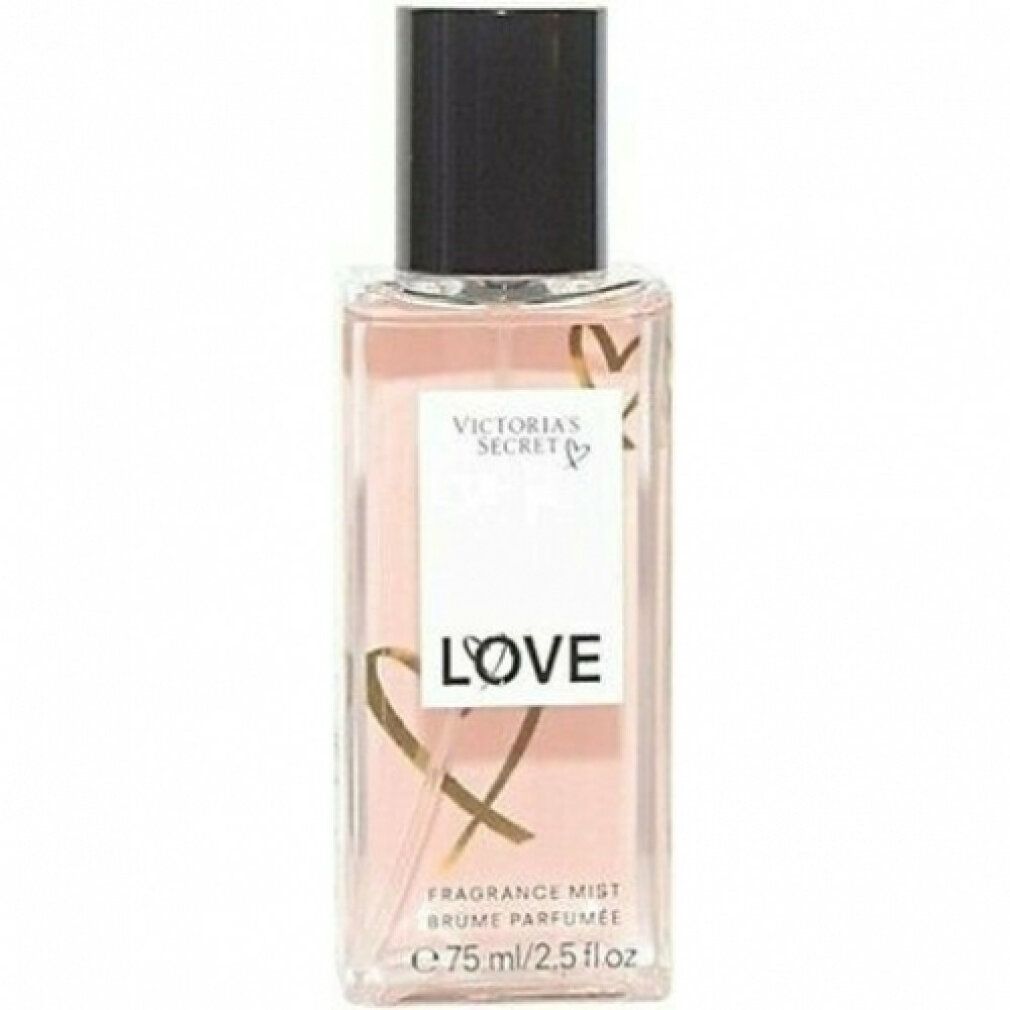 Rosa Flasche mit schwarzem Deckel. Aufschrift: Victoria's Secret, LOVE, Fragrance Mist. Goldene Herz-Grafik.