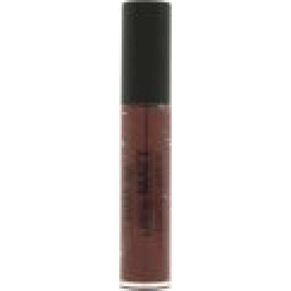 Geschlossener flüssiger Lippenstift. Schwarzer Deckel, Produktname sichtbar. Dunkelrote Farbe.