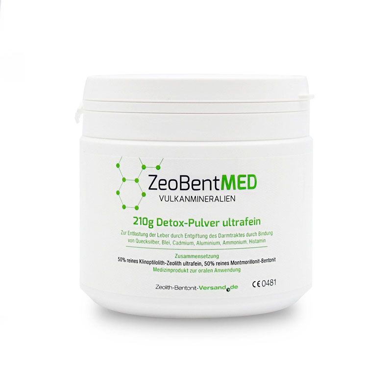 Weißer Behälter mit grünem Logo und Text. ZeoBent MED, 210g Detox-Pulver ultrafein. CE-Kennzeichnung.