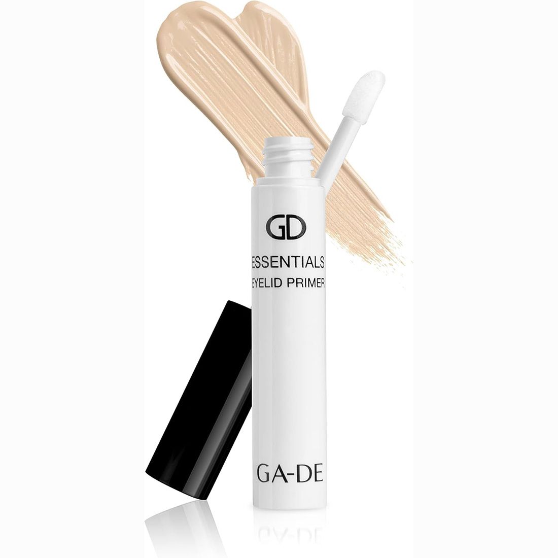 Geöffnete Tube mit Applikator und Produktstrich. Aufschrift: GD Essentials Eyelid Primer. Marke: GA-DE.