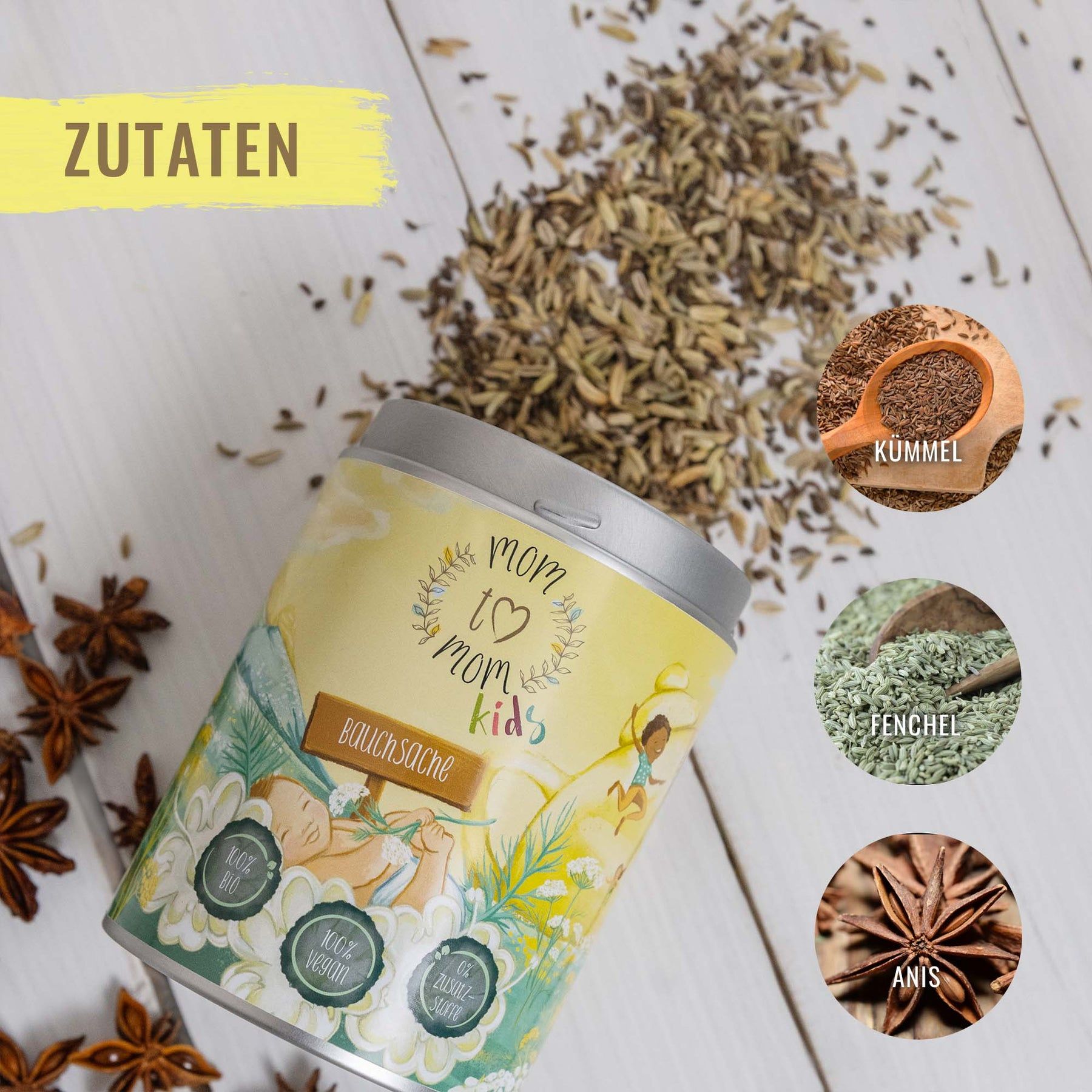 Dose mit gelbem Etikett und Zutaten: Fenchel, Anis, Kümmel. Aufschrift: mom to mom kids Bauchsache. 100% Bio, vegan, ohne Zuckerzusatz. Zutaten daneben abgebildet.