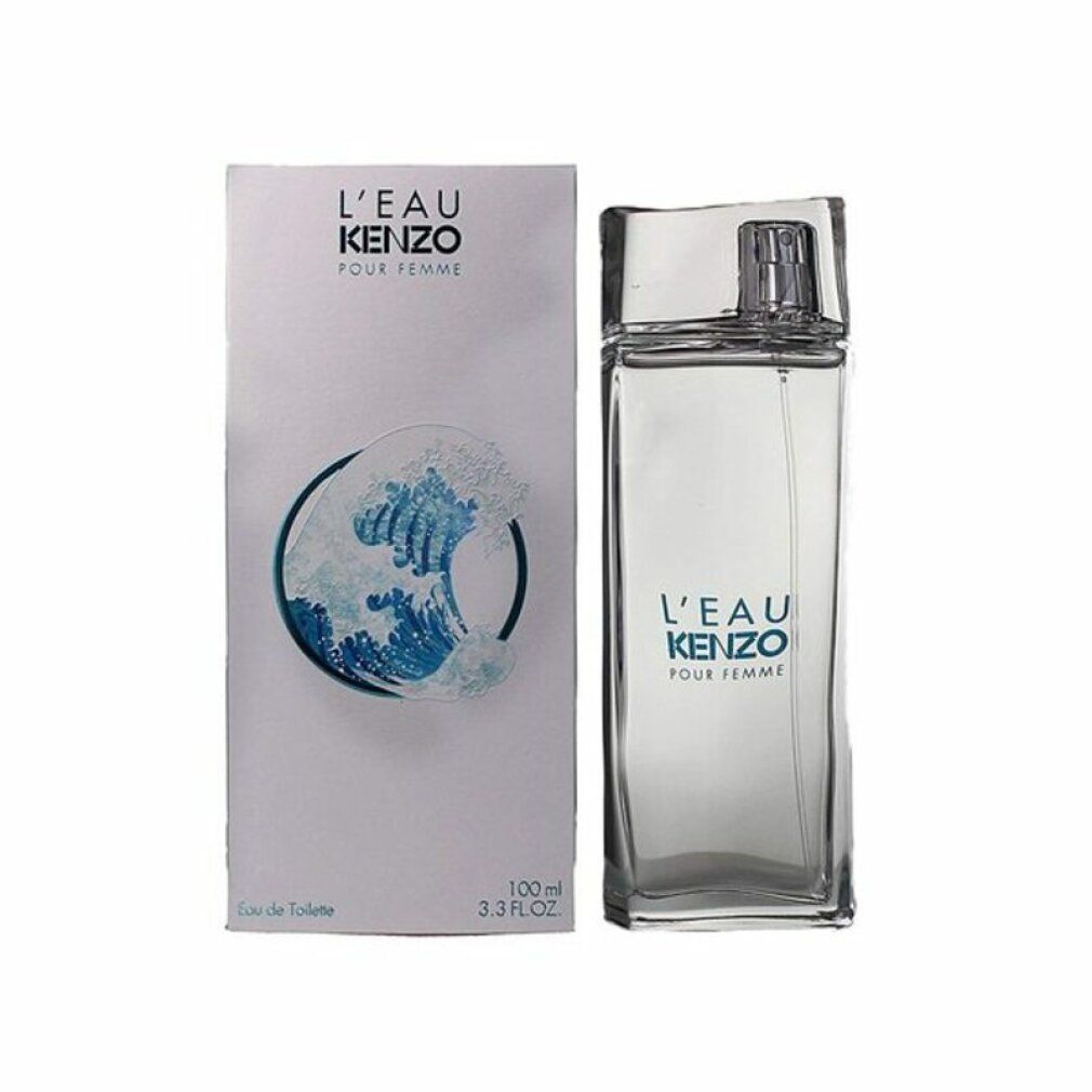 Glasflakon und Verpackung. Verpackung mit blauem Wellenmuster und Schriftzug L'EAU KENZO POUR FEMME.