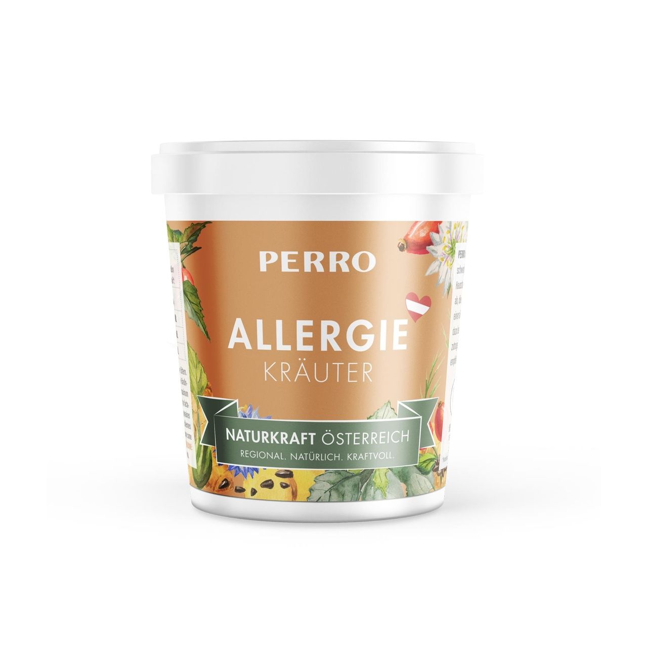 Weißer Behälter mit braunem Etikett. Aufschrift: PERRO Allergie Kräuter. Naturkraft Österreich. Abbildung von Kräutern und Blüten.