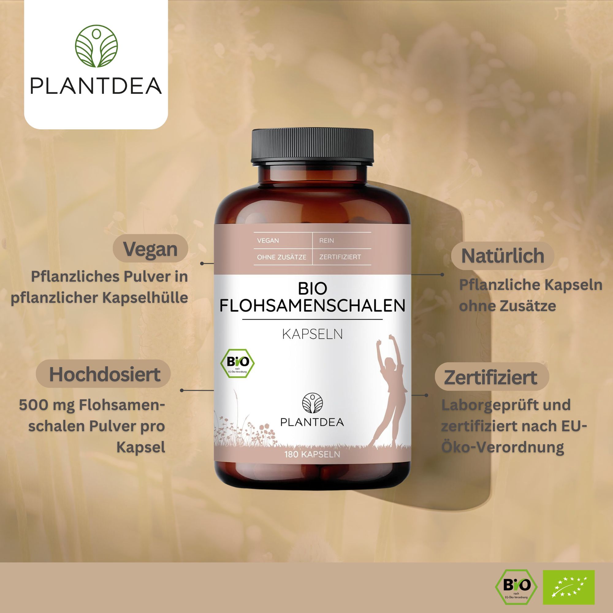 Braune Flasche mit Kapseln. Aufschrift: BIO Flohsamenschalen Kapseln. 180 Kapseln. Vegan, natürlich, hochdosiert, zertifiziert.