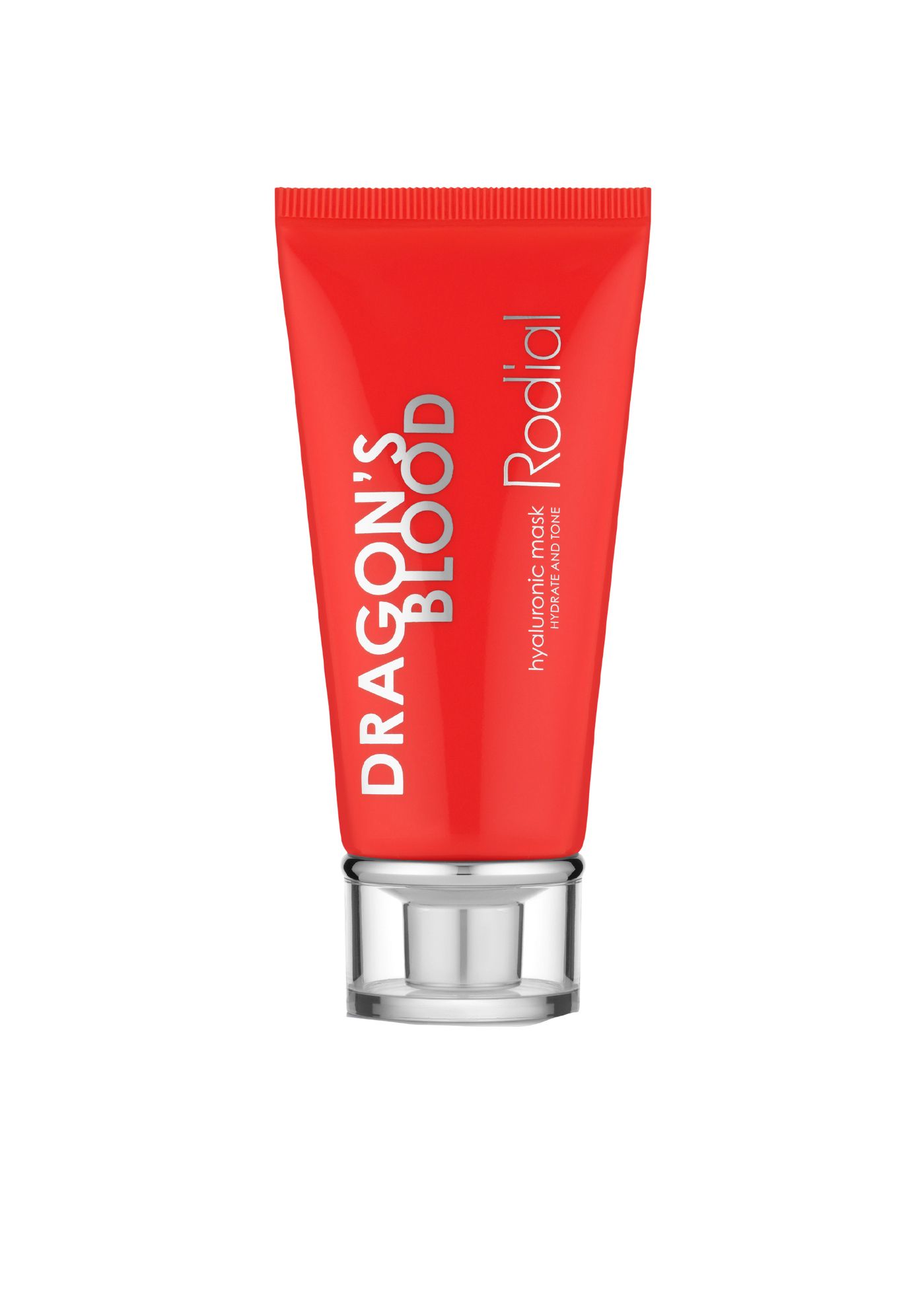 Rote Tube mit silbernem Verschluss. Aufschrift: DRAGON'S BLOOD, Rodial, Hyaluronic Mask.