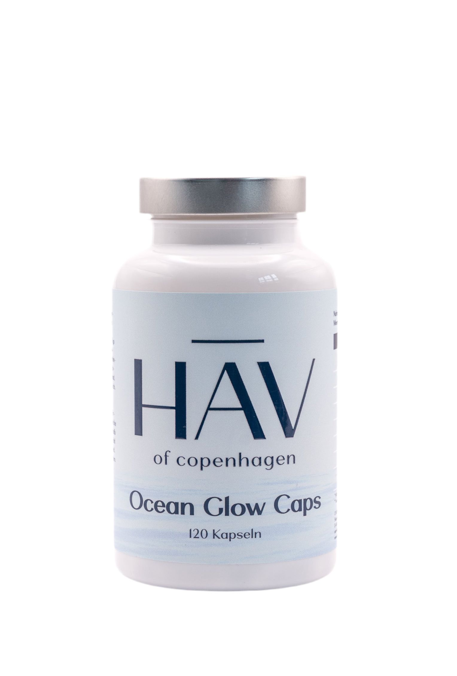 Weiße Flasche mit HAV Ocean Glow Caps. Silberner Deckel. Blaue Etikett mit Produktnamen und 120 Kapseln.