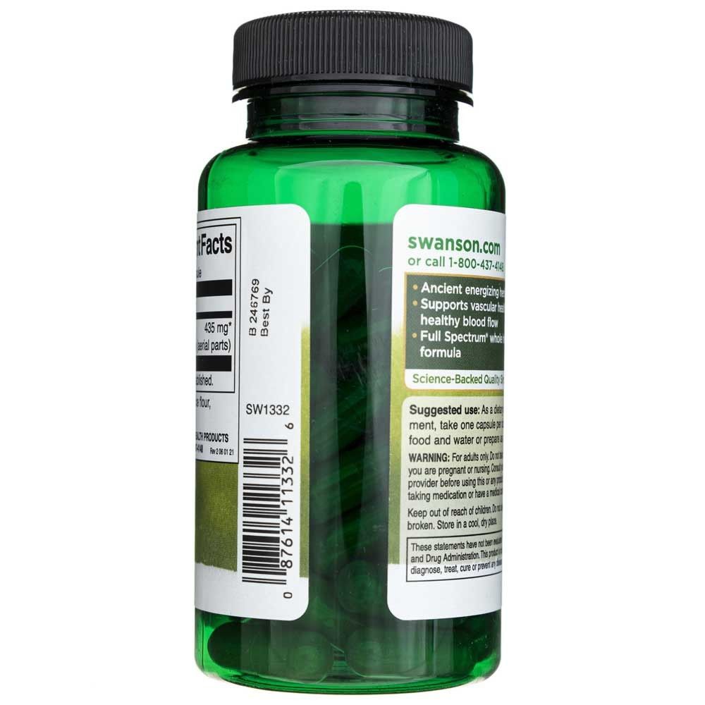 Seitenansicht einer grünen Kapselpackung mit Barcode und 'swanson.com' auf dem Etikett.