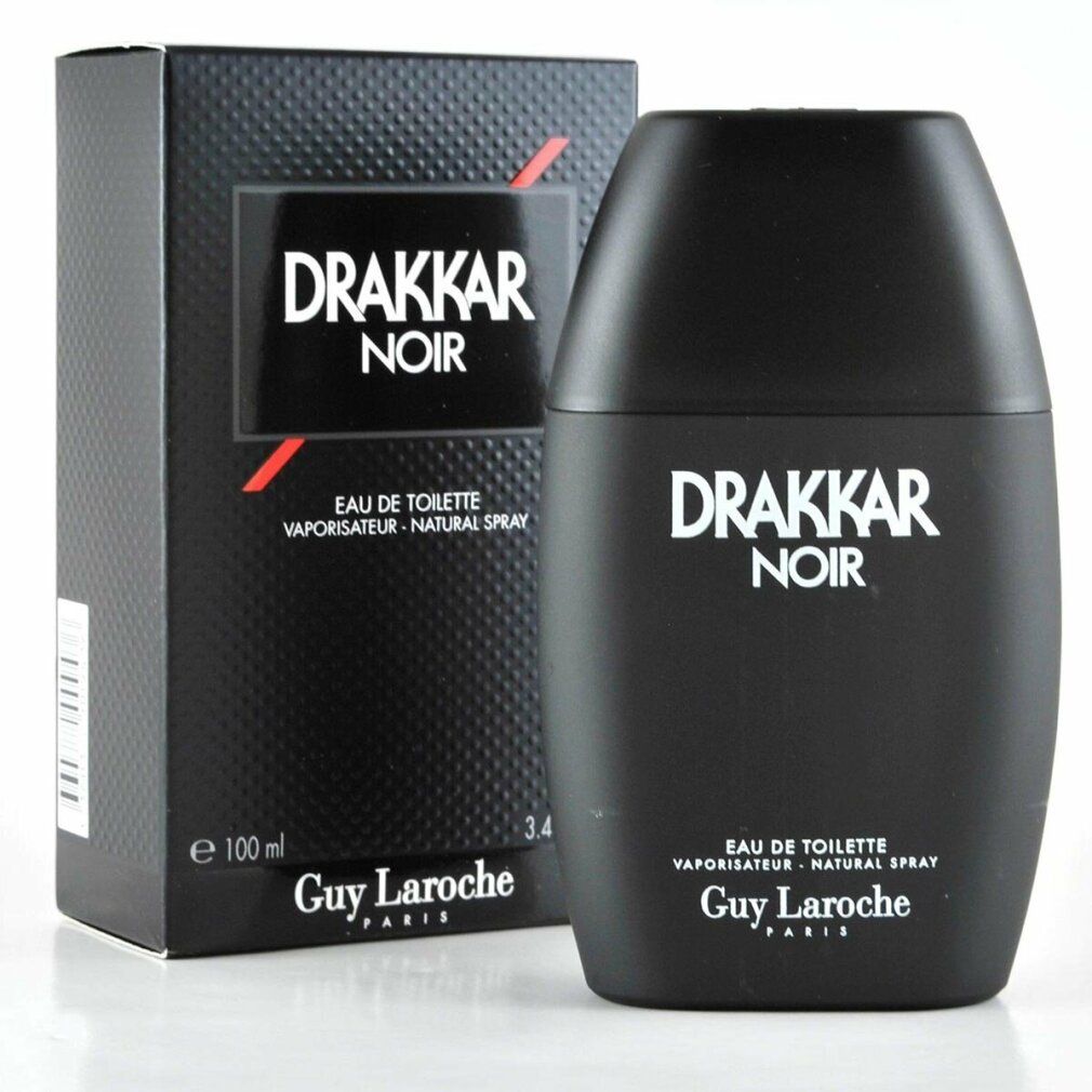Drakkar Noir Flasche und Karton. Schwarze Flasche, ovale Form. Karton mit Logo und Text. Eau de Toilette. Guy Laroche.