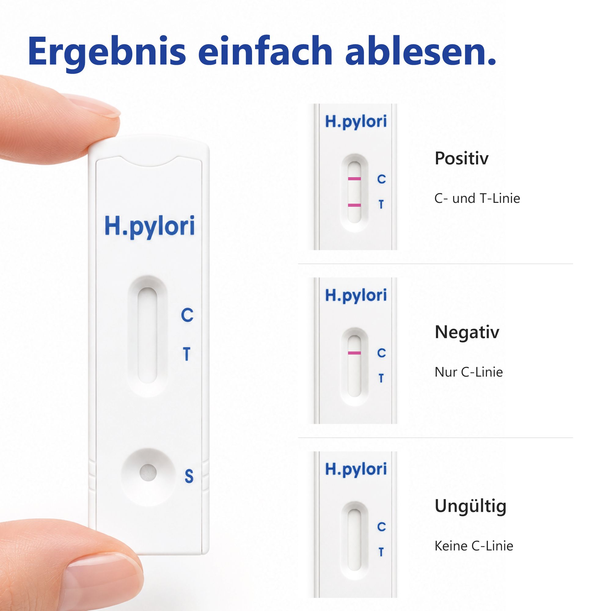 Testgerät mit Ergebnissen: Positiv (C- und T-Linie), Negativ (nur C-Linie), Ungültig (keine C-Linie). Gehalten von einer Hand.