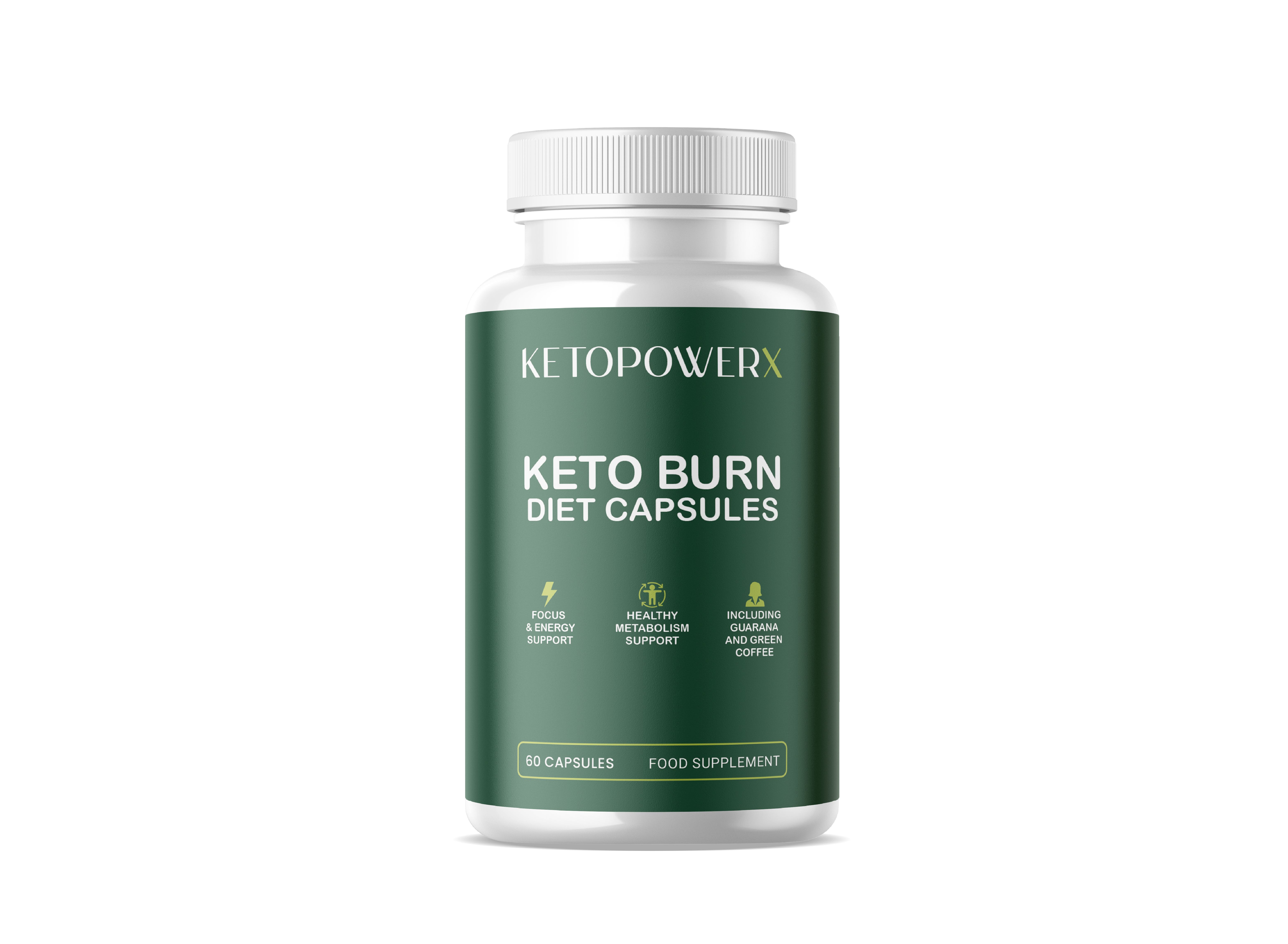 Eine weiße Flasche mit grünem Etikett. Auf dem Etikett steht "KETOPOWERX" und "KETO BURN DIET CAPSULES". Enthält 60 Kapseln.