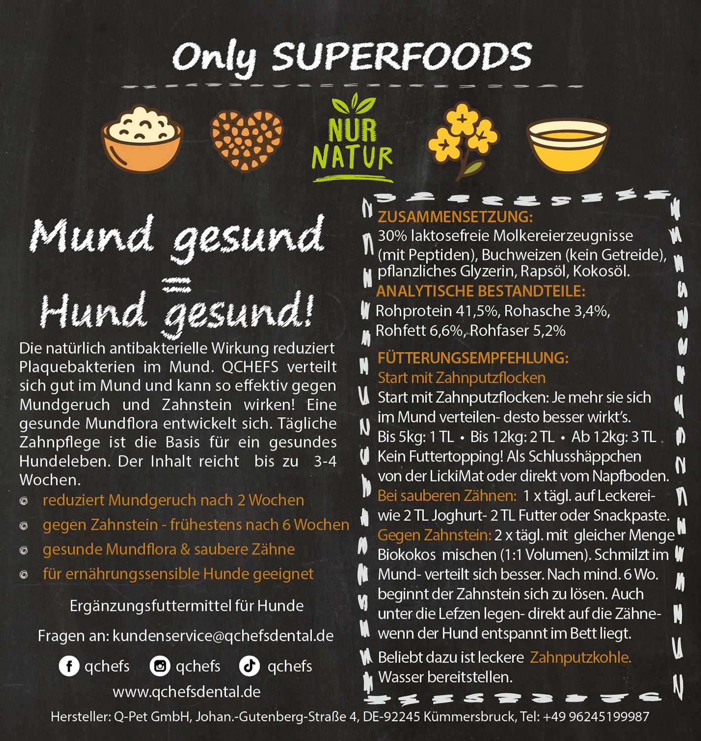 Infografik mit Text und Illustrationen. Enthält Informationen zu QCHEFS Zahnputzflocken, Inhaltsstoffe und Fütterungsempfehlung.