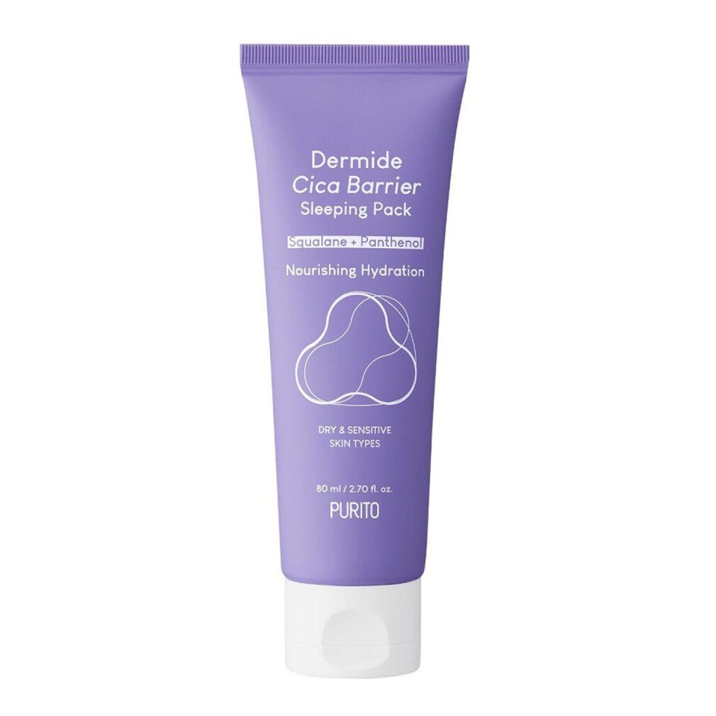 Eine lila Tube Purito Luminous Ceramide Sleeping Pack mit weißem Deckel, 100 ml Angabe sichtbar.