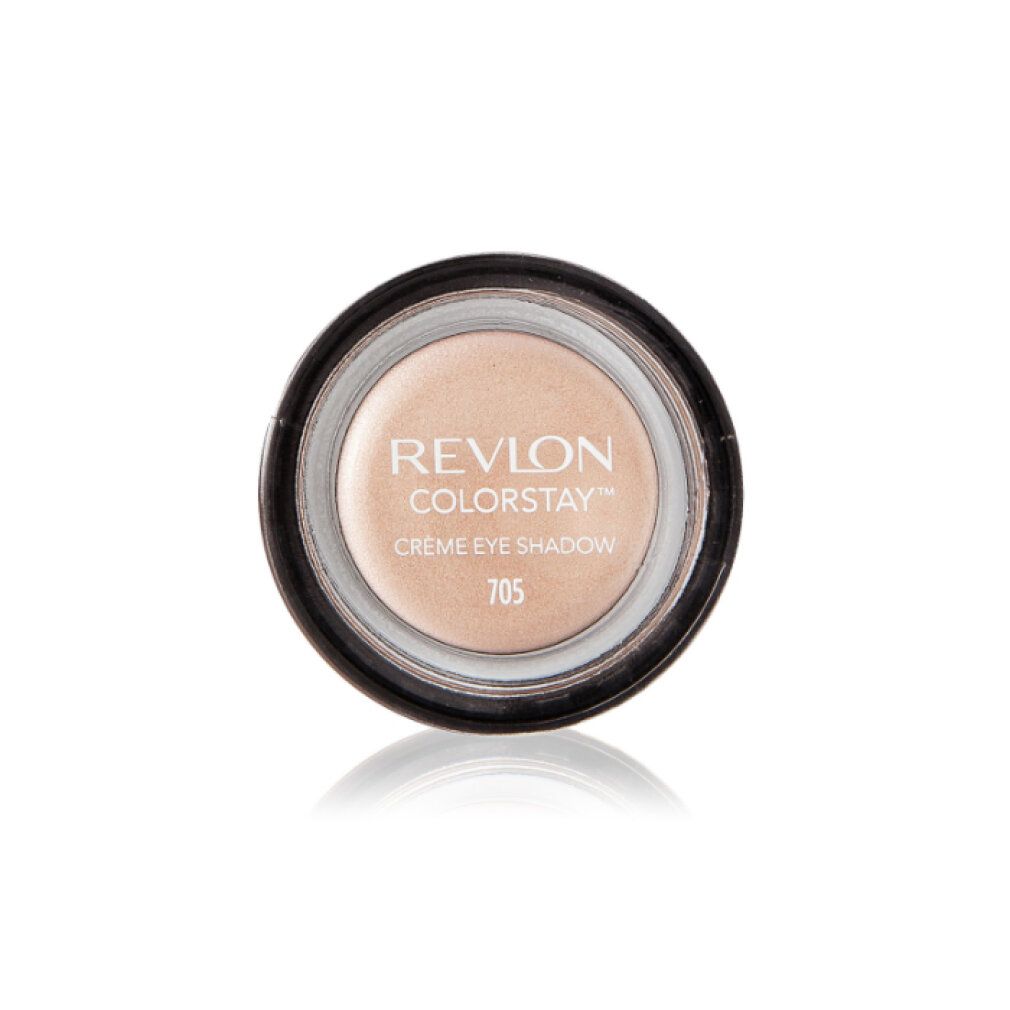 Creme-Lidschatten in runder Dose. Aufschrift: Revlon Colorstay Creme Eye Shadow 705. Beige Farbton, Reflexion.