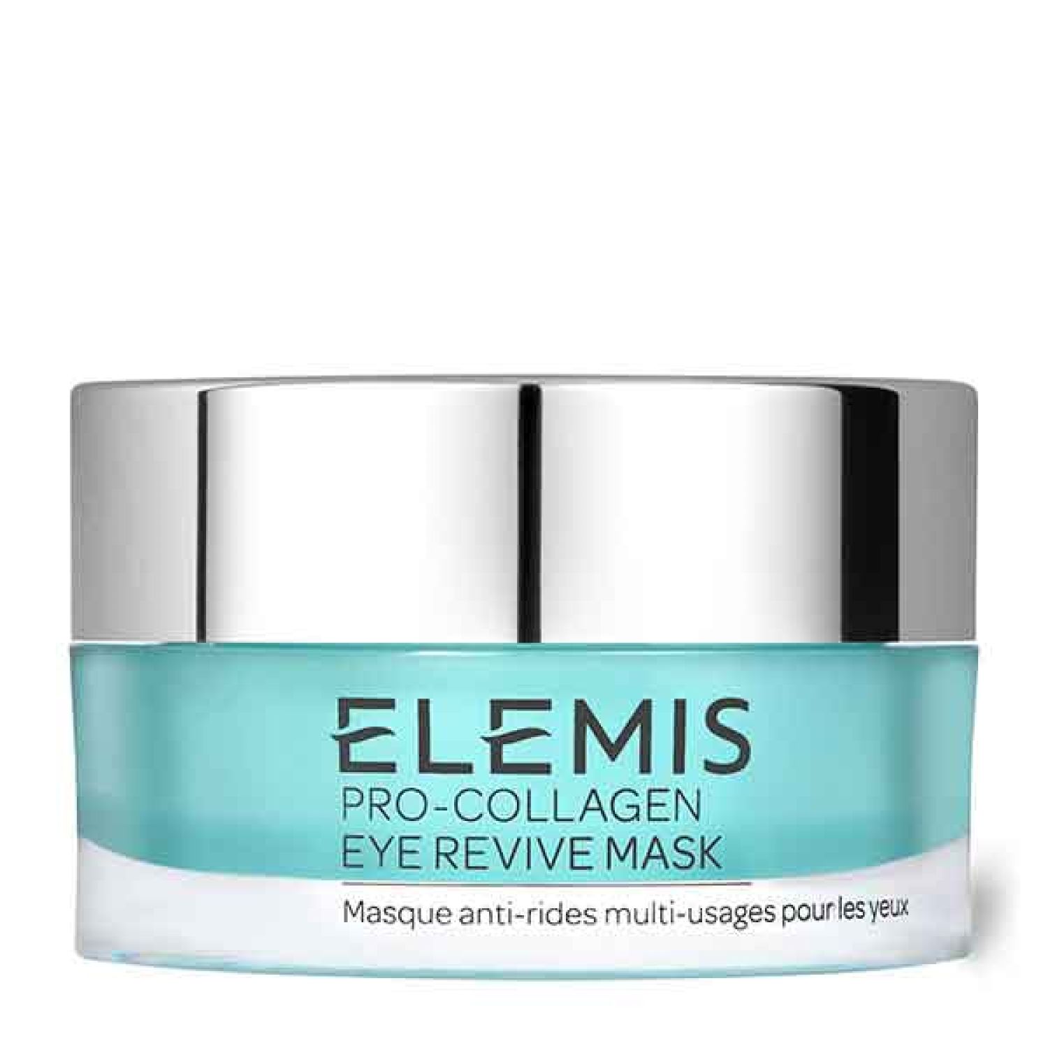 Runde Dose mit silbernem Deckel und türkisfarbenem Boden. Aufschrift: Elemis Pro-Collagen Eye Revive Mask.