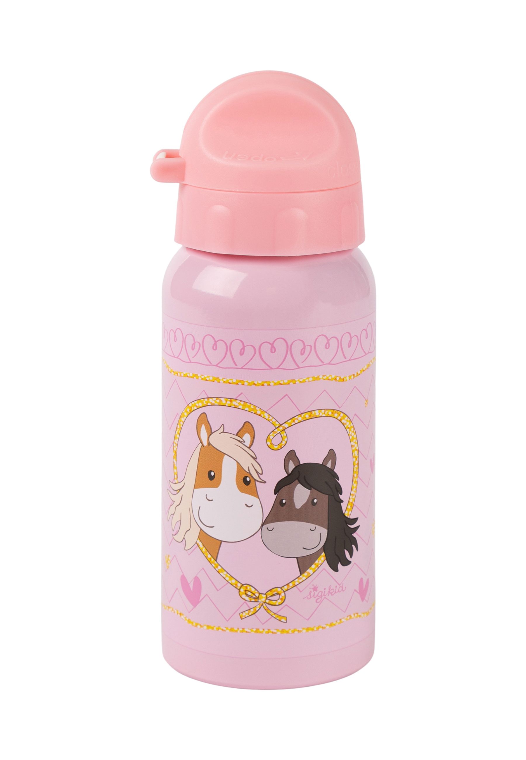 Rosa Trinkflasche mit Pferde-Motiv. Aufklappbarer Deckel. Goldene Herz- und Zickzack-Muster. Zwei Pferdeköpfe in einem Herz.