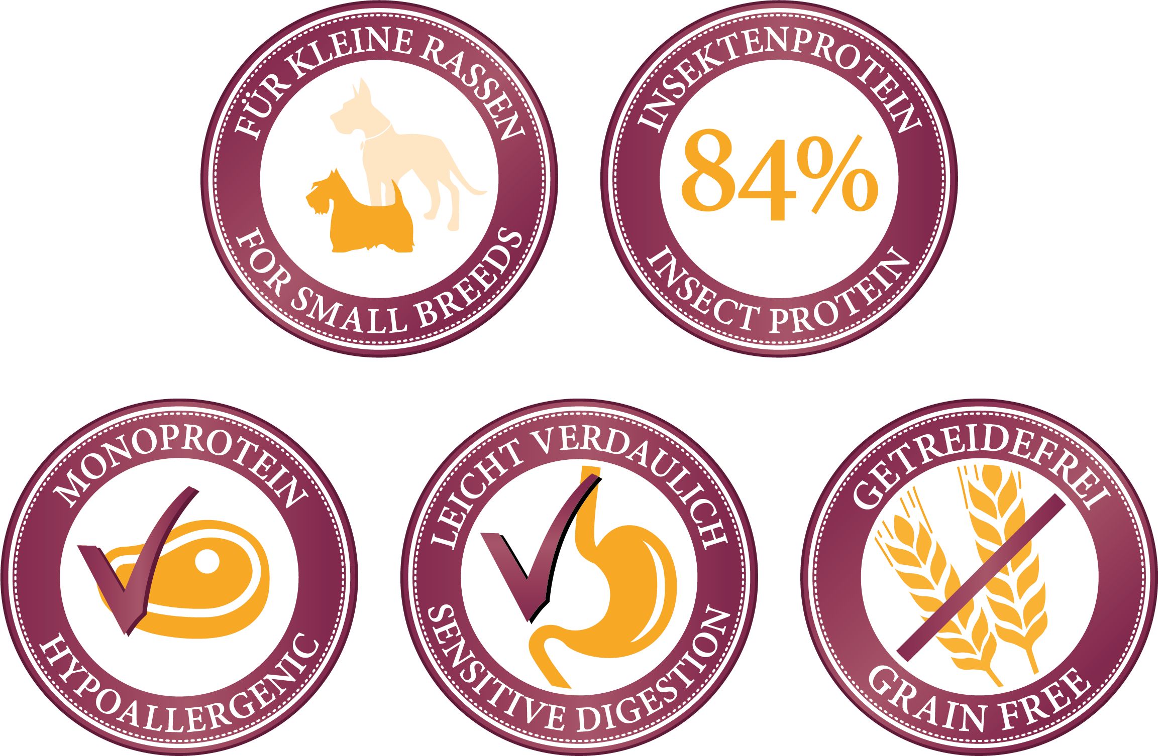 Runde Logos mit Text: Für kleine Rassen, 84% Insektenprotein, Monoprotein, leicht verdaulich, getreidefrei.