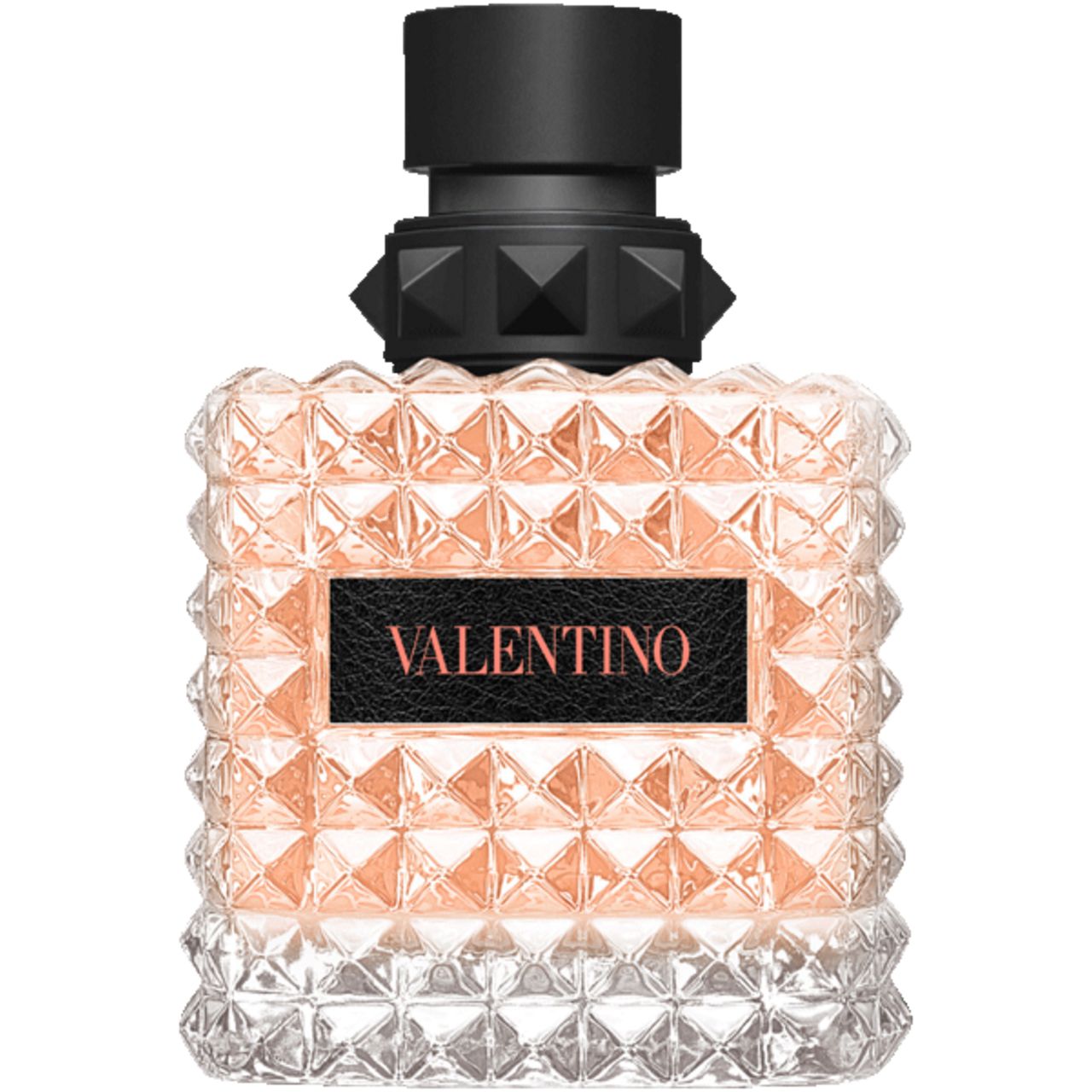 Parfümflasche mit schwarzem Verschluss und quadratischem Design. VALENTINO-Logo auf schwarzem Etikett.