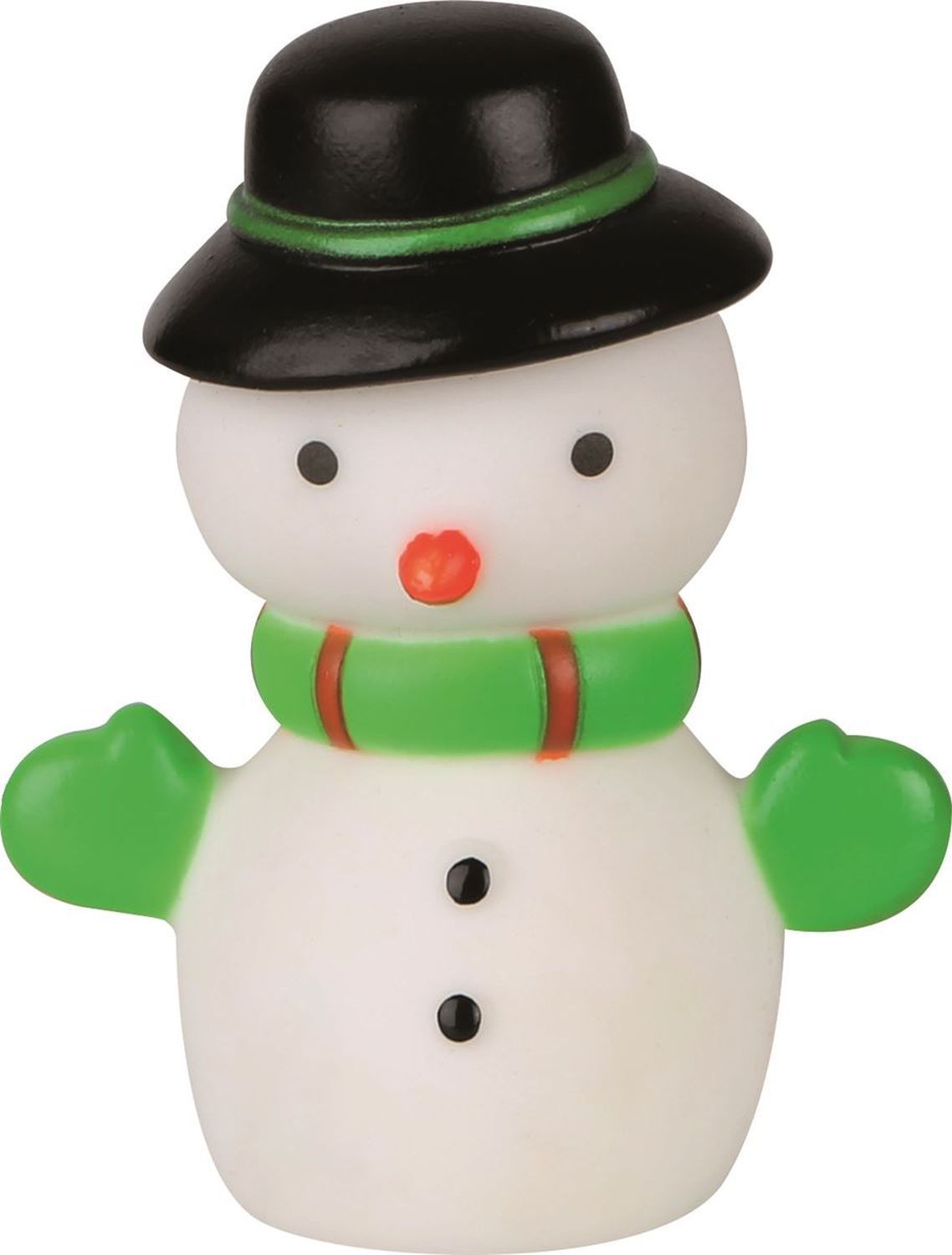 Schneemann-Fingerpuppe mit schwarzem Hut, grüner Schal und grüne Handschuhe. Schwarze Knöpfe und Augen. Rote Nase.