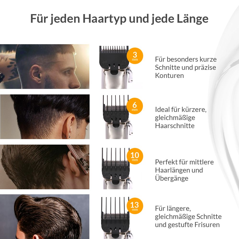 Haarschnitte mit verschiedenen Längen. Aufsätze für 3, 6, 10 und 13 mm. Beispiele für verschiedene Haartypen und Frisuren.