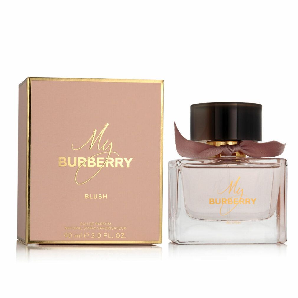 Glasflakon mit rosa Flüssigkeit, braunem Deckel und Schleife. Aufschrift My Burberry Blush.