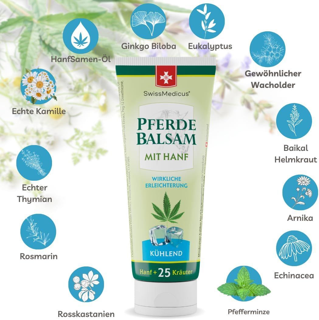 Tube mit Produktnamen und Logo. Enthält Hanf und 25 Kräuter. Kühlend. Umgeben von Kräutern.