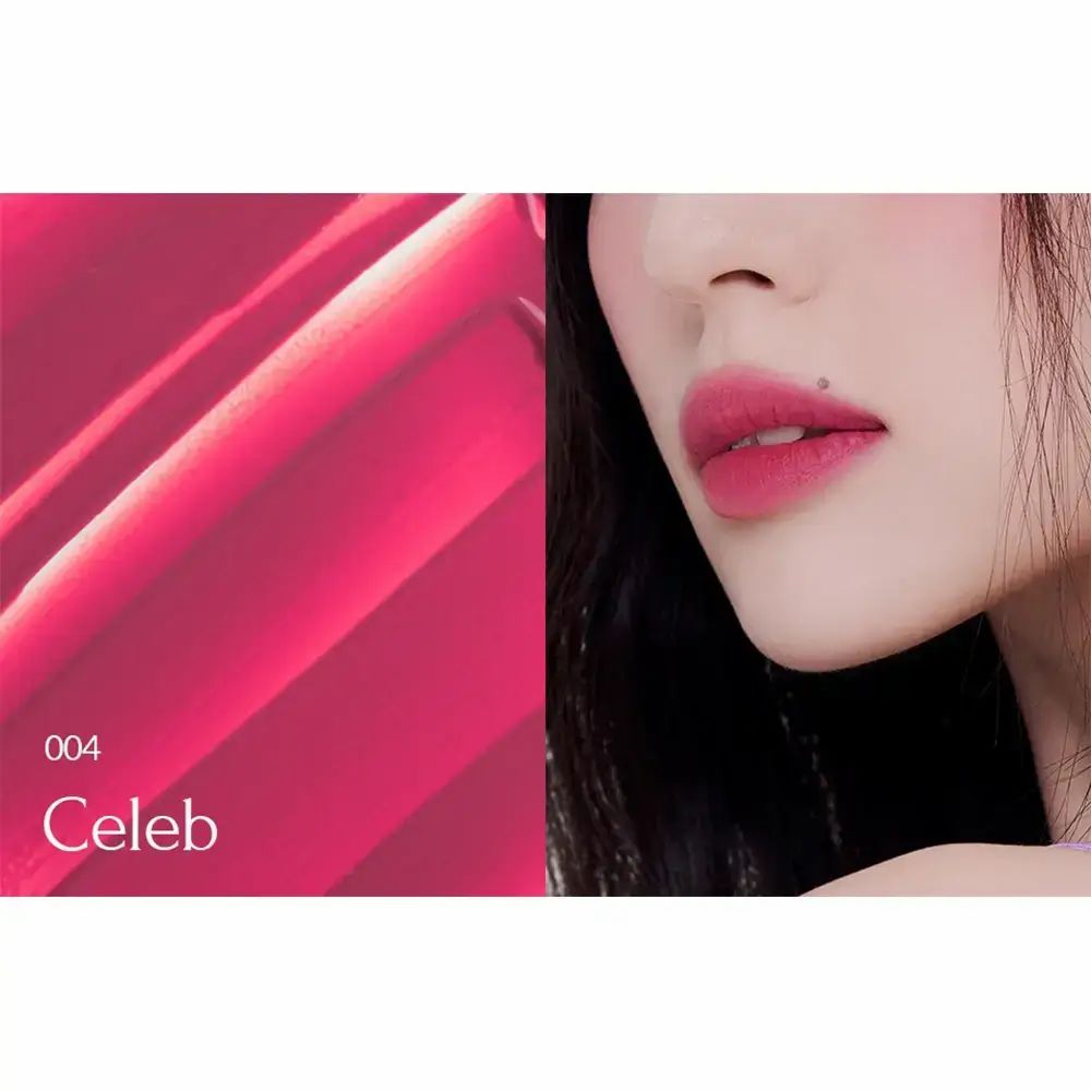 Lippenfarbe 004 Celeb auf Lippen und als Farbmuster. Lippen einer Frau. Produktname und Farbnummer sichtbar.