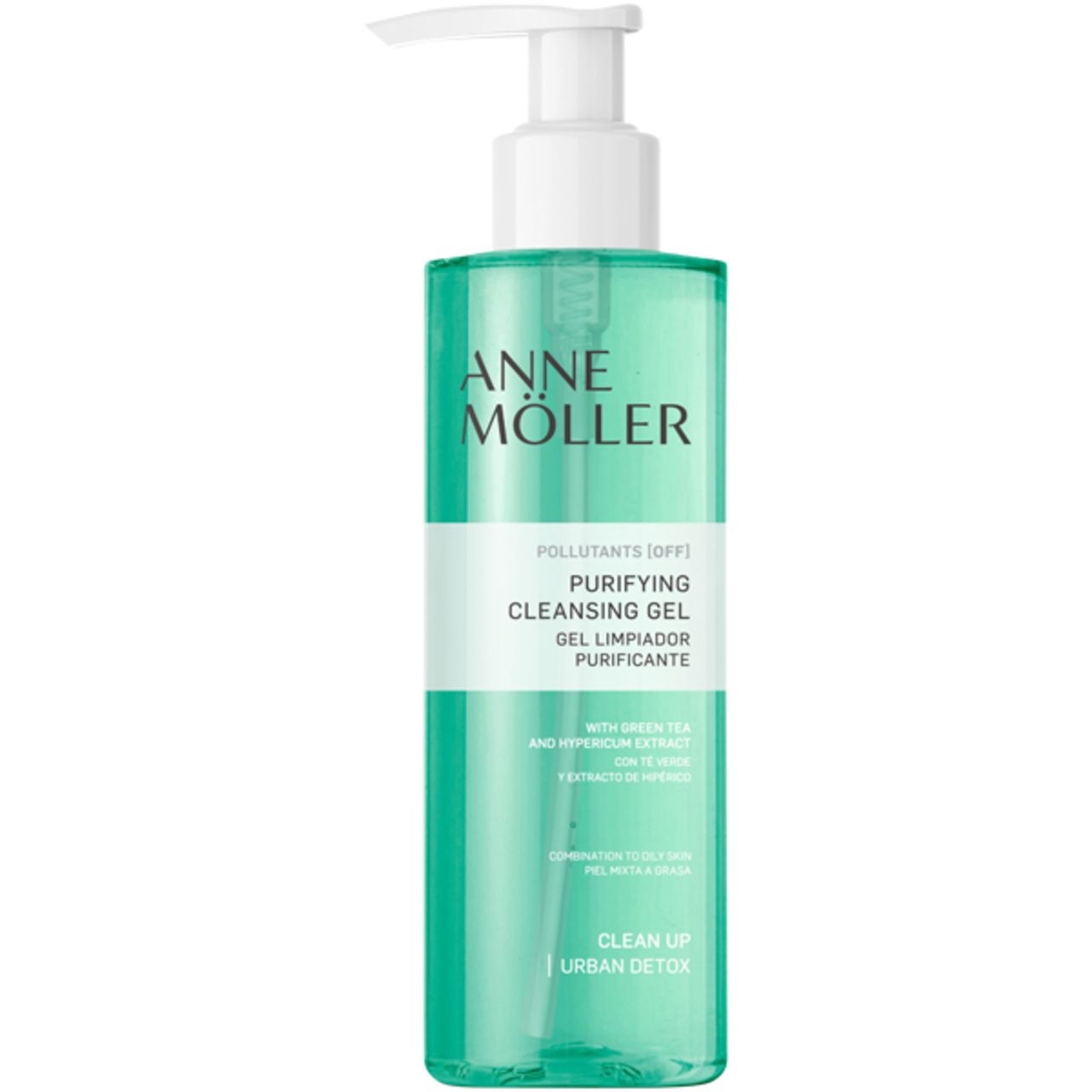 Anne Möller Clean Up Purifying Cleansing Gel. Grüne Flasche mit weißem Pumpverschluss. Text: Purifying Cleansing Gel, Urban Detox.
