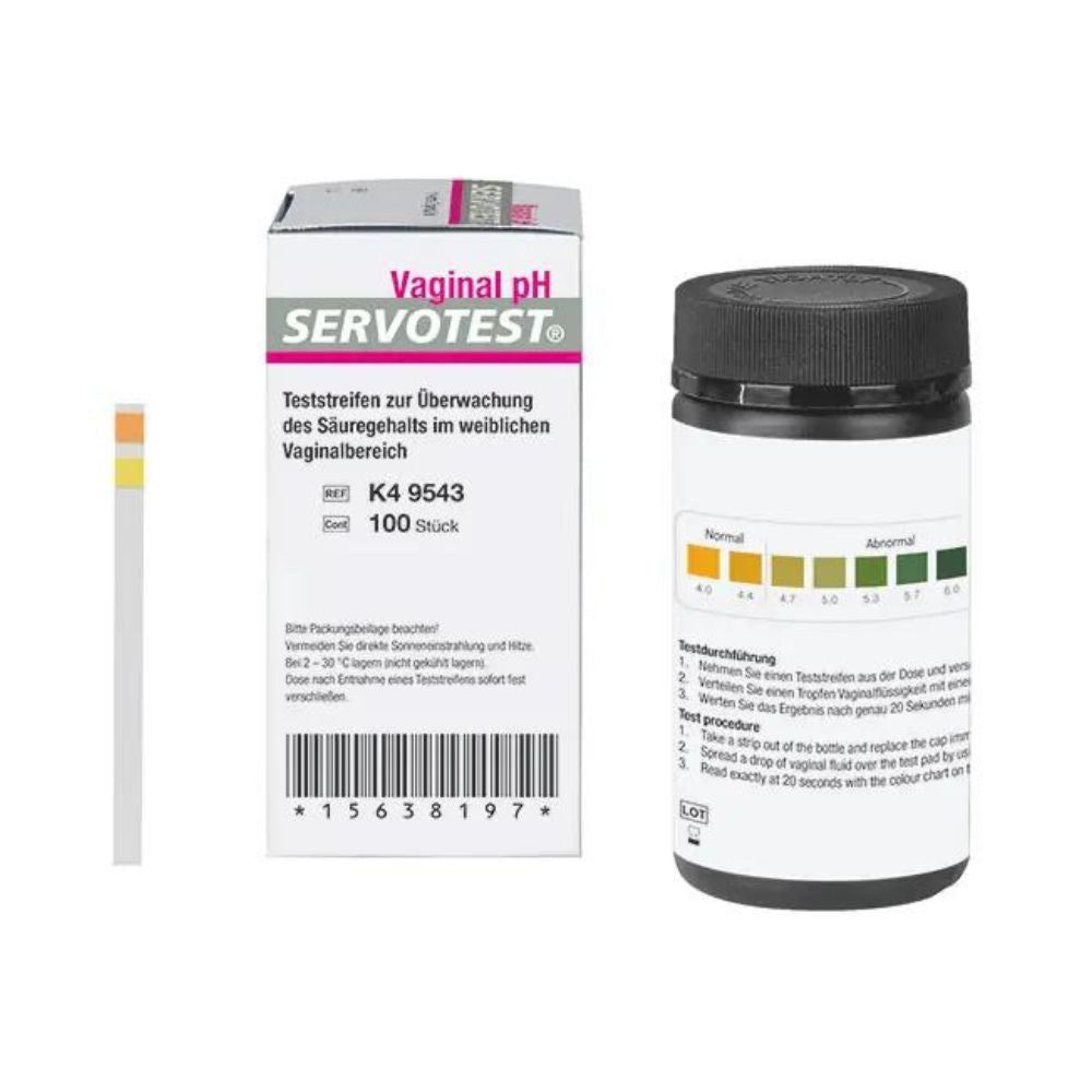 Packung und Flasche mit Teststreifen. Aufschrift: Vaginal pH SERVOTEST. Streifen mit Farbskala. Box mit Text: Teststreifen zur Überwachung.