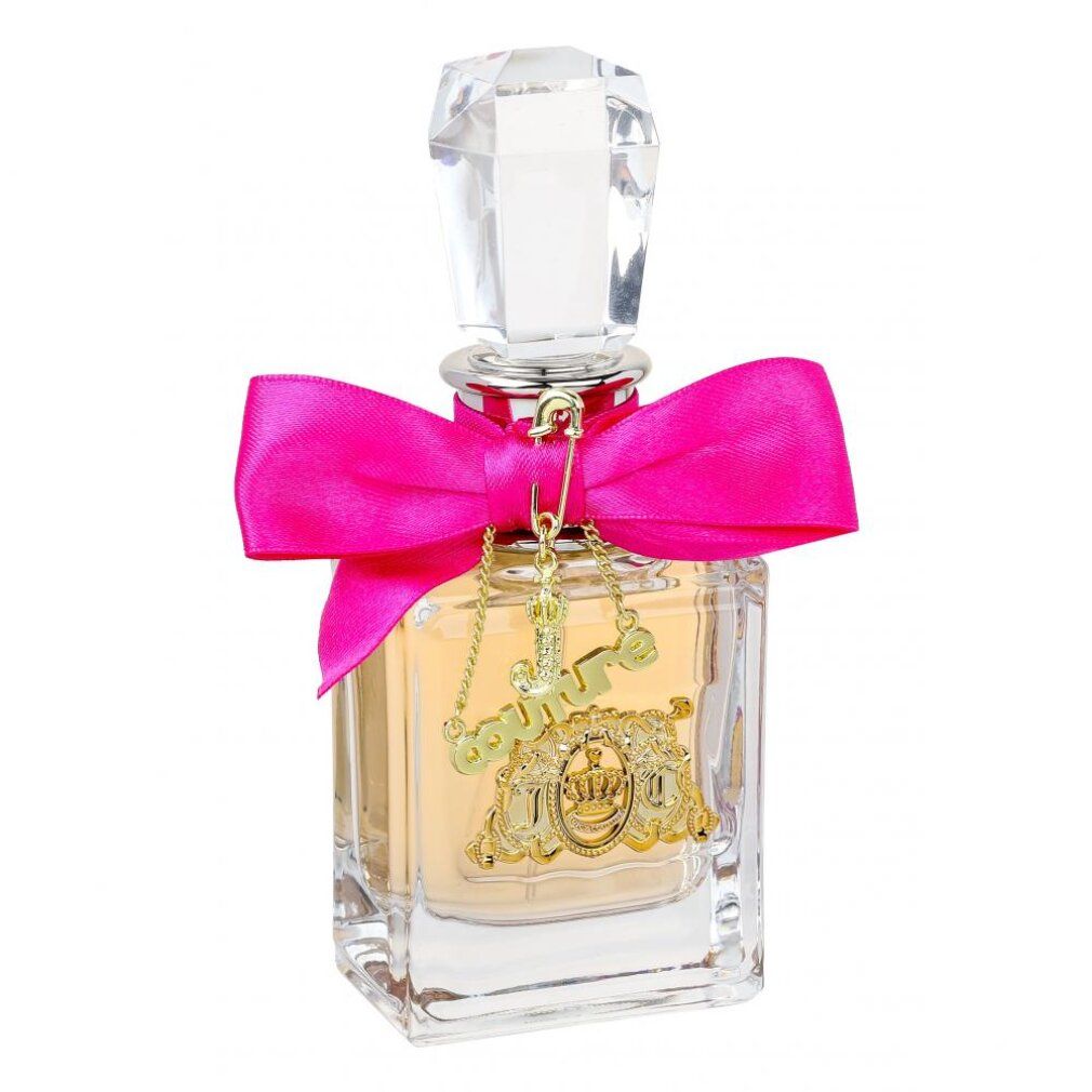 Viva La Juicy Eau de Parfum Flakon mit rosa Schleife und Anhängern.