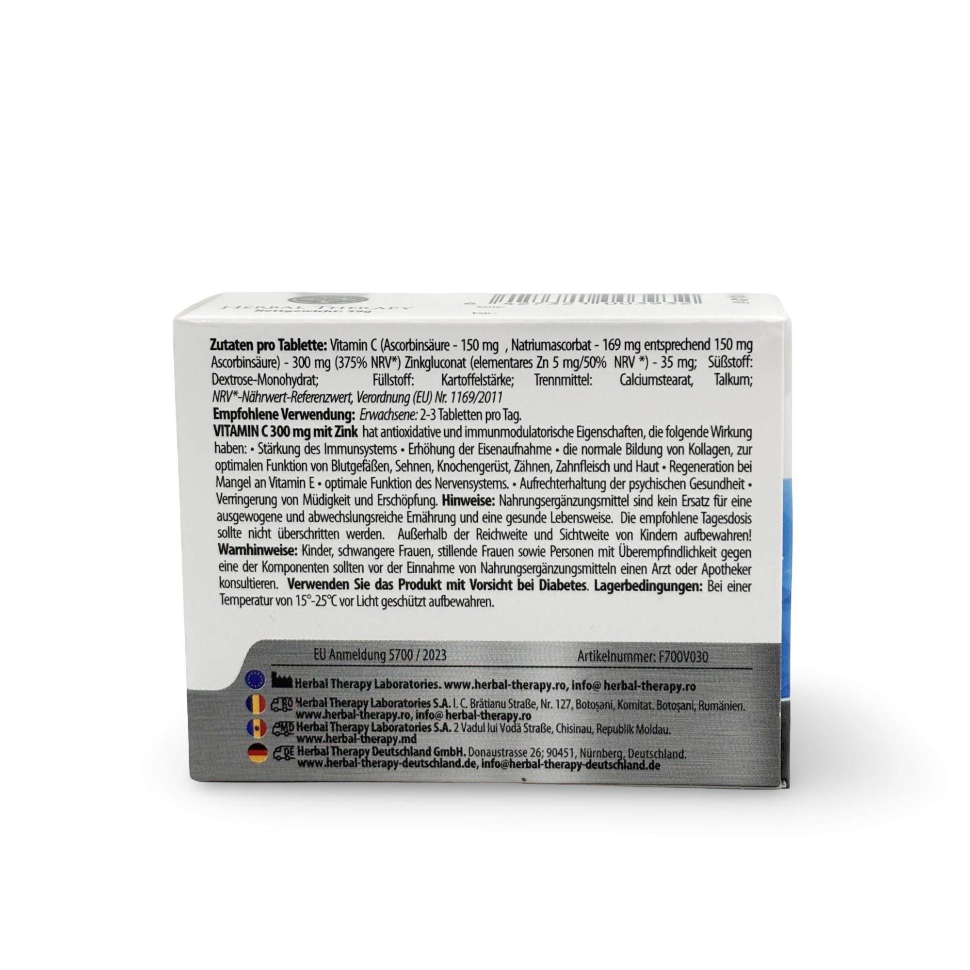 Rückseite der Verpackung mit Text. Enthält Informationen zu Inhaltsstoffen, Anwendung, Warnhinweisen und Lagerbedingungen.