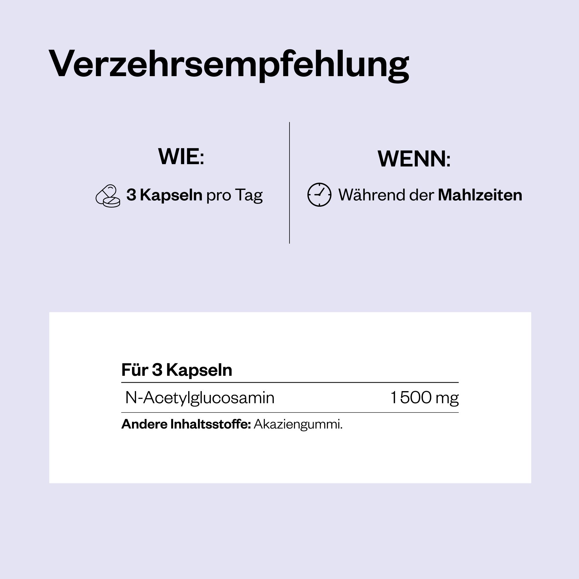 Infografik mit Verzehrsempfehlung für N-Acetyl Glucosamin: 3 Kapseln pro Tag während der Mahlzeiten. 1500 mg pro 3 Kapseln.