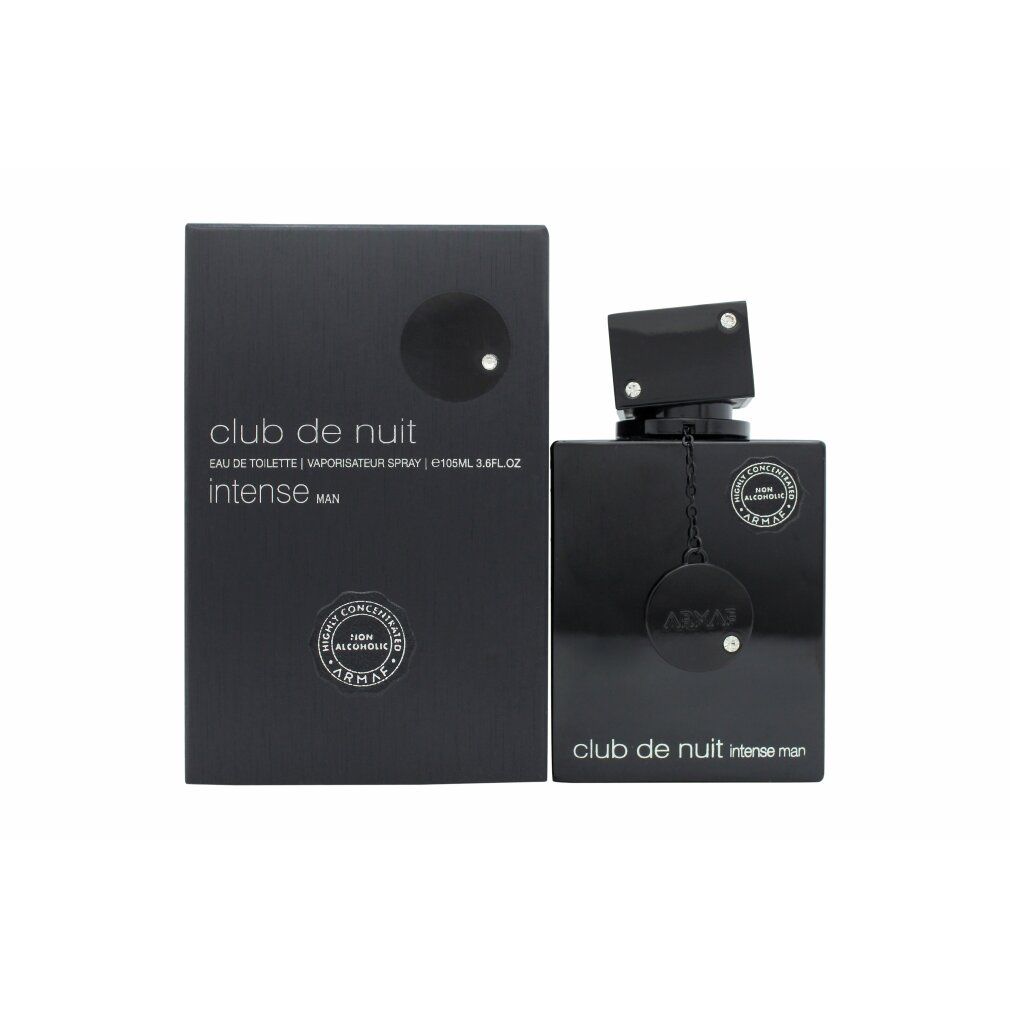 Schwarzer Flakon und Verpackung. Aufschrift: Club de Nuit Intense Man. Eau de Toilette Spray. Mit Logo.