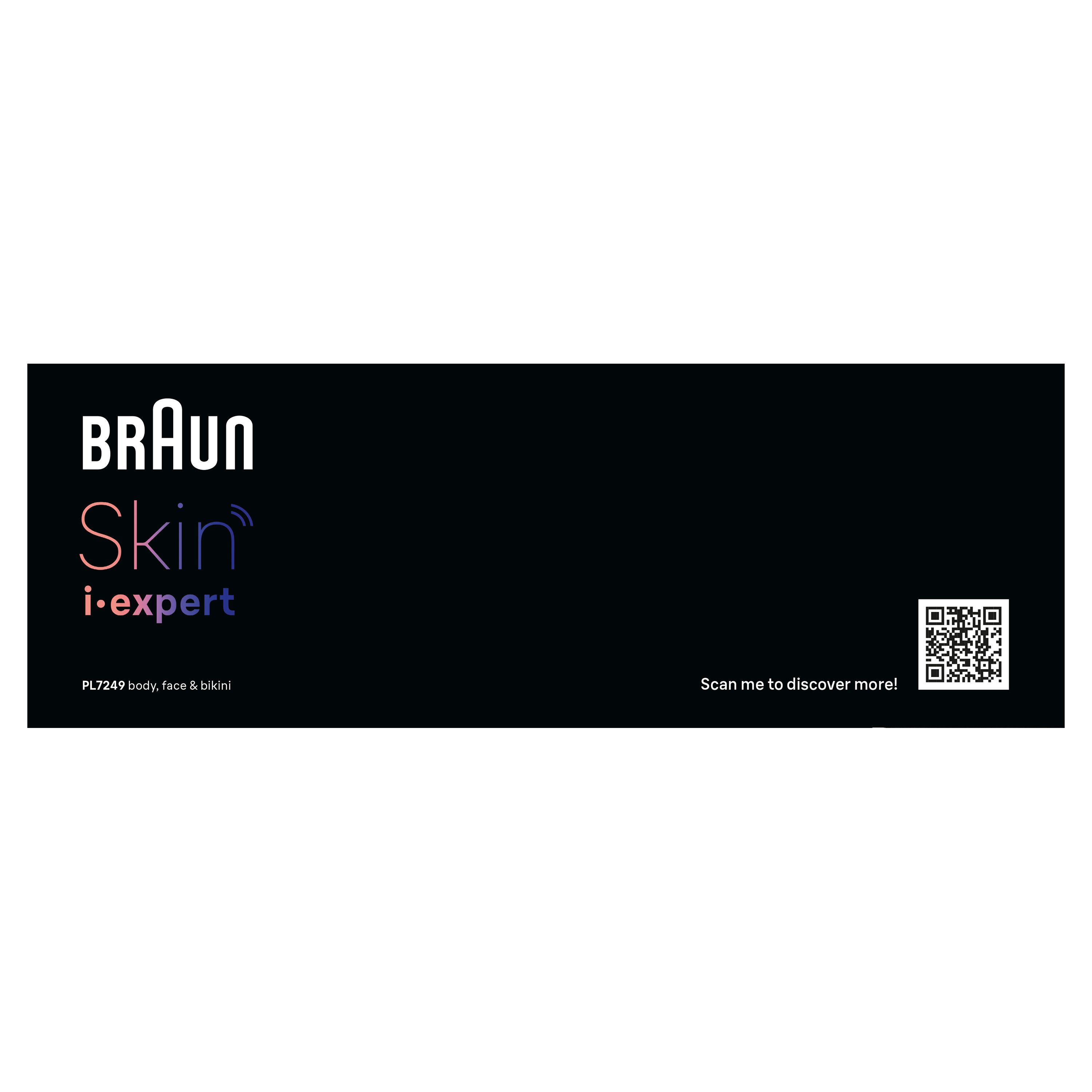 Braun Skin i-expert Pro 7 PL7249 Verpackung. Schwarzer Hintergrund. Text und QR-Code.