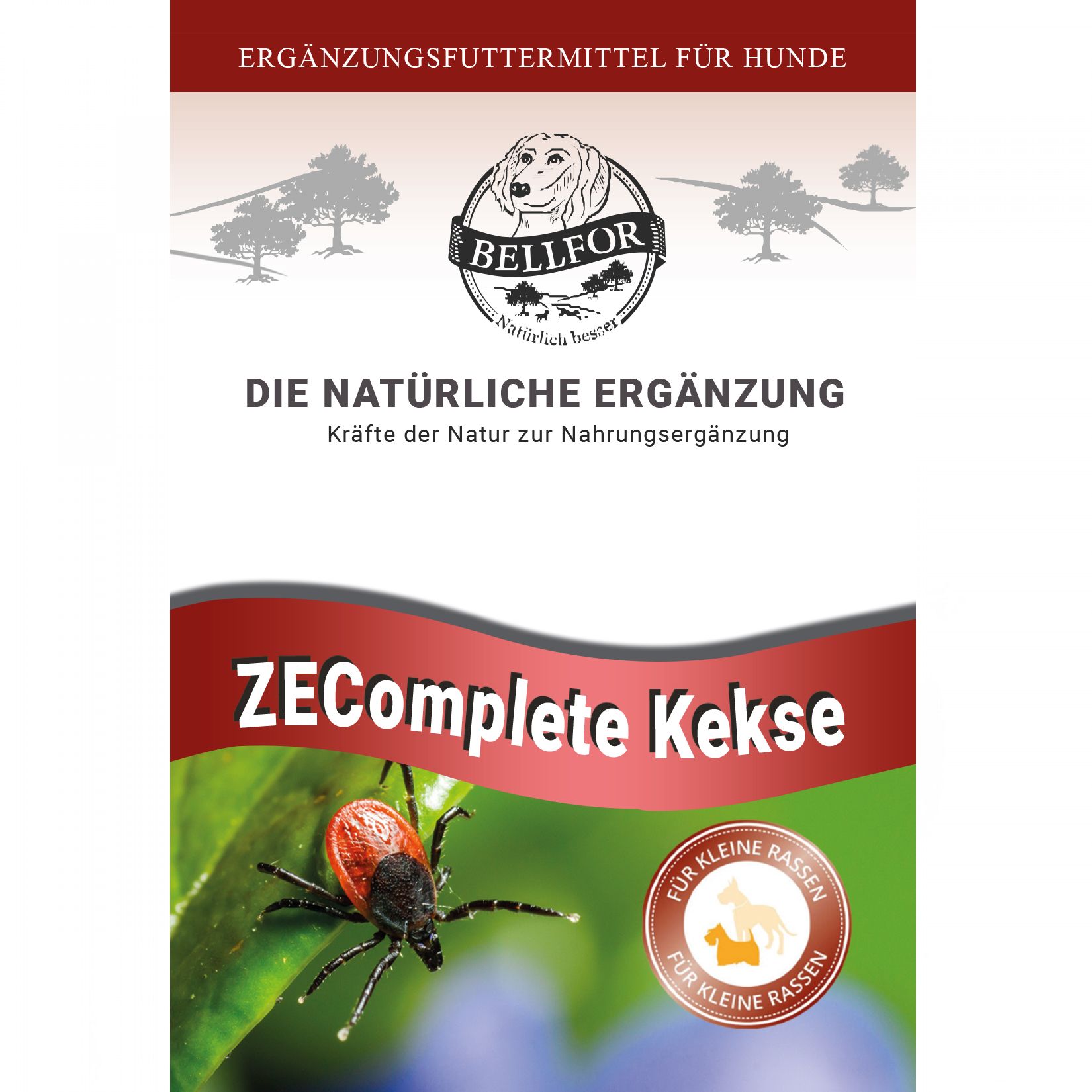 Nahaufnahme der Produktverpackung. Oben: Bellfor Logo und Schriftzug. Unten: ZEComplete Kekse, Abbildung einer Zecke.