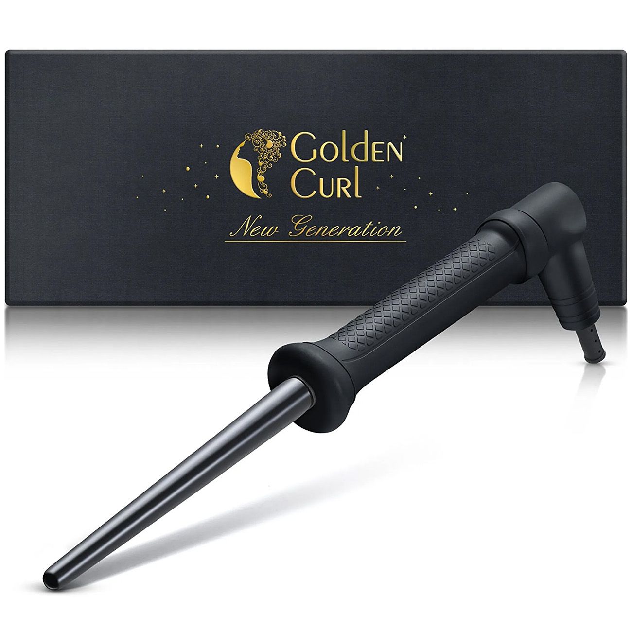 Schwarzer Lockenstab mit Griff und konischer Form. Auf der Verpackung steht 'Golden Curl' und 'New Generation'.