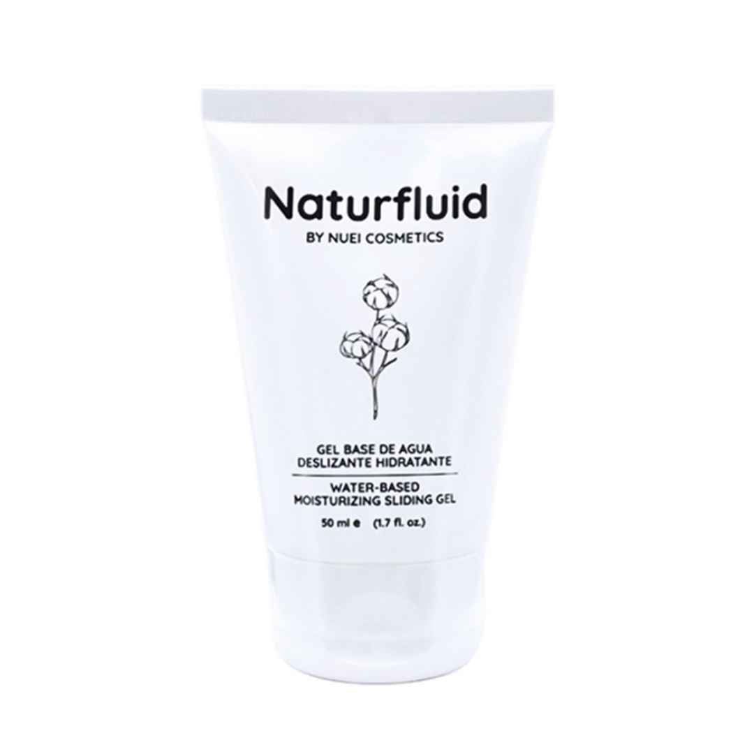 Weiße Tube mit schwarzem Schriftzug Naturfluid und Illustration. Text: GEL BASE DE AGUA, WATER-BASED MOISTURIZING SLIDING GEL.