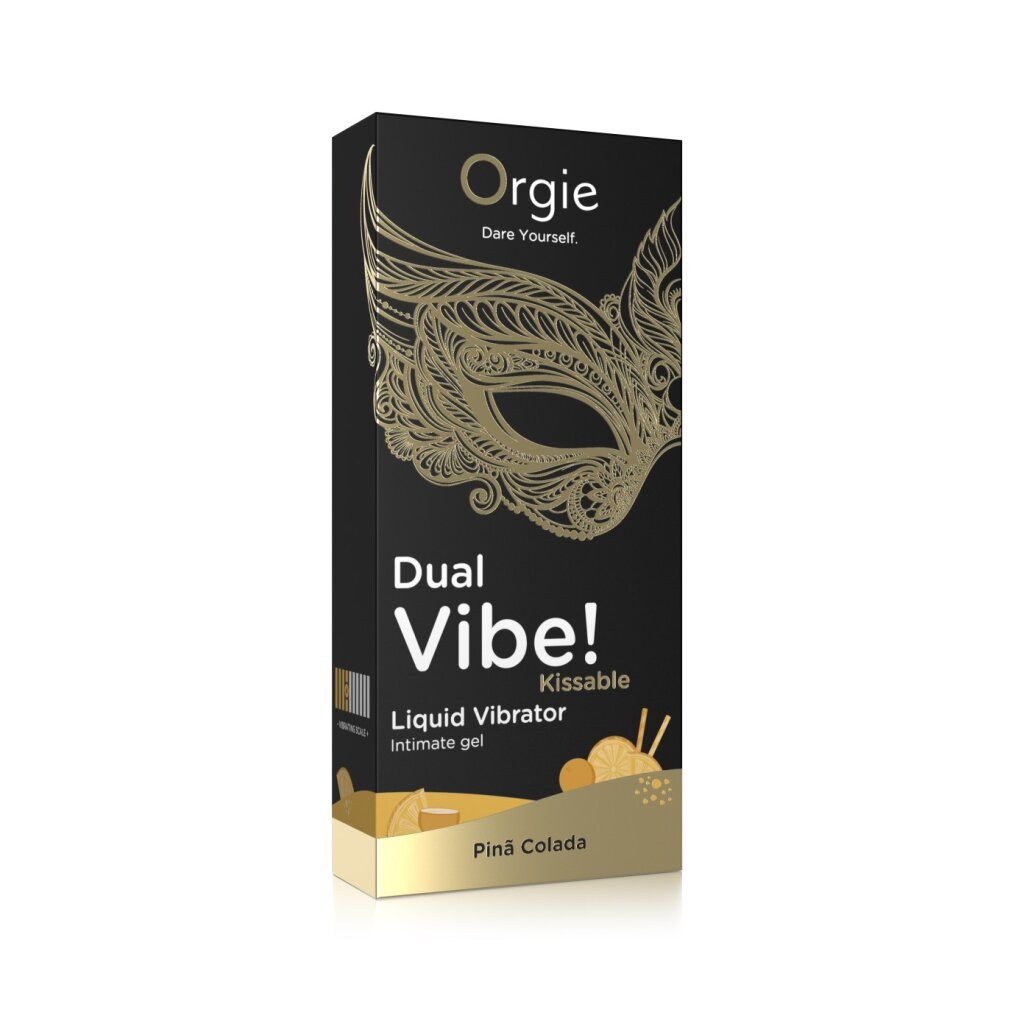 Schwarze Verpackung mit goldener Maskenillustration. Text: Orgie, Dual Vibe!, Liquid Vibrator, Pina Colada. Ananasstücke abgebildet.